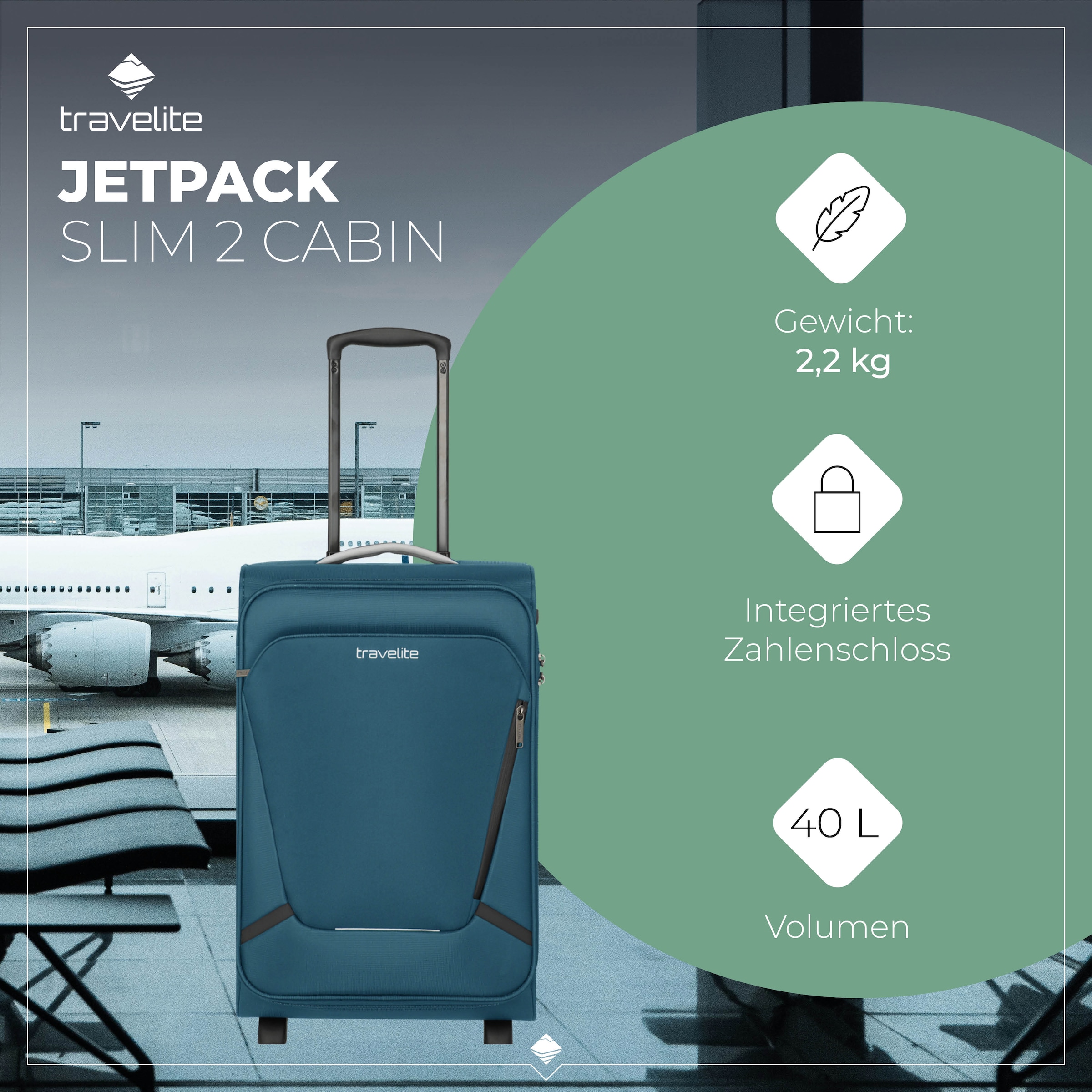 travelite Handgepäck-Trolley »JETPACK Slim 2 Cabin, konzipiert für Air France, KLM & ITA«, 4 Rollen, Weichgepäck-Koffer Handgepäck für die meisten gängigen Airlines