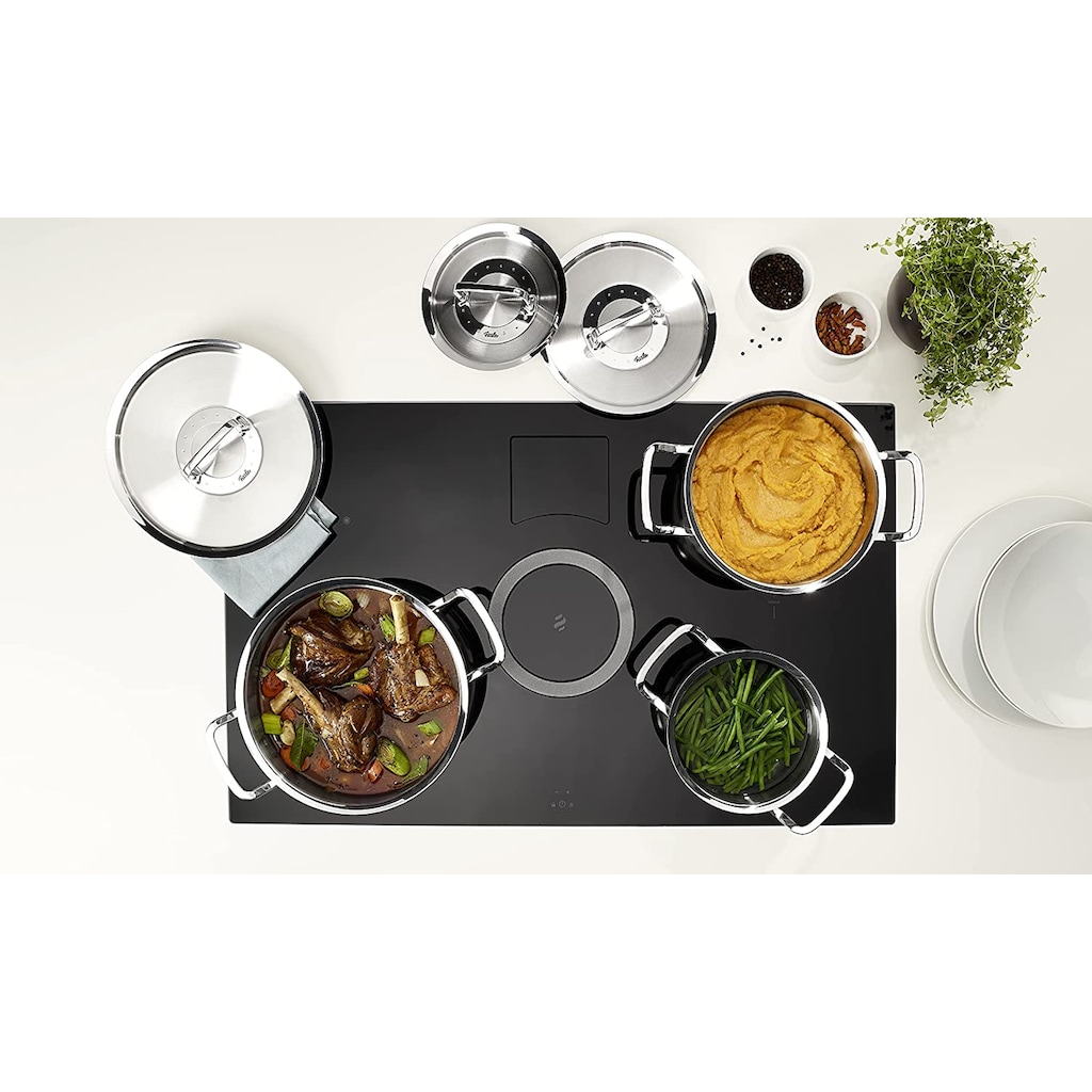 Fissler Topf-Set »ORIGINAL-PROFI COLLECTION® Edelstahl-Topfset«, Edelstahl 18/10, (4 tlg., 1x Kochtopf Ø 20 cm, 1x Stielkasserolle Ø 16 cm, 1x Pfanne Ø 24 cm), mit breitem Schüttrand, Kaltmetallgriffen. Made in Germany, Induktion