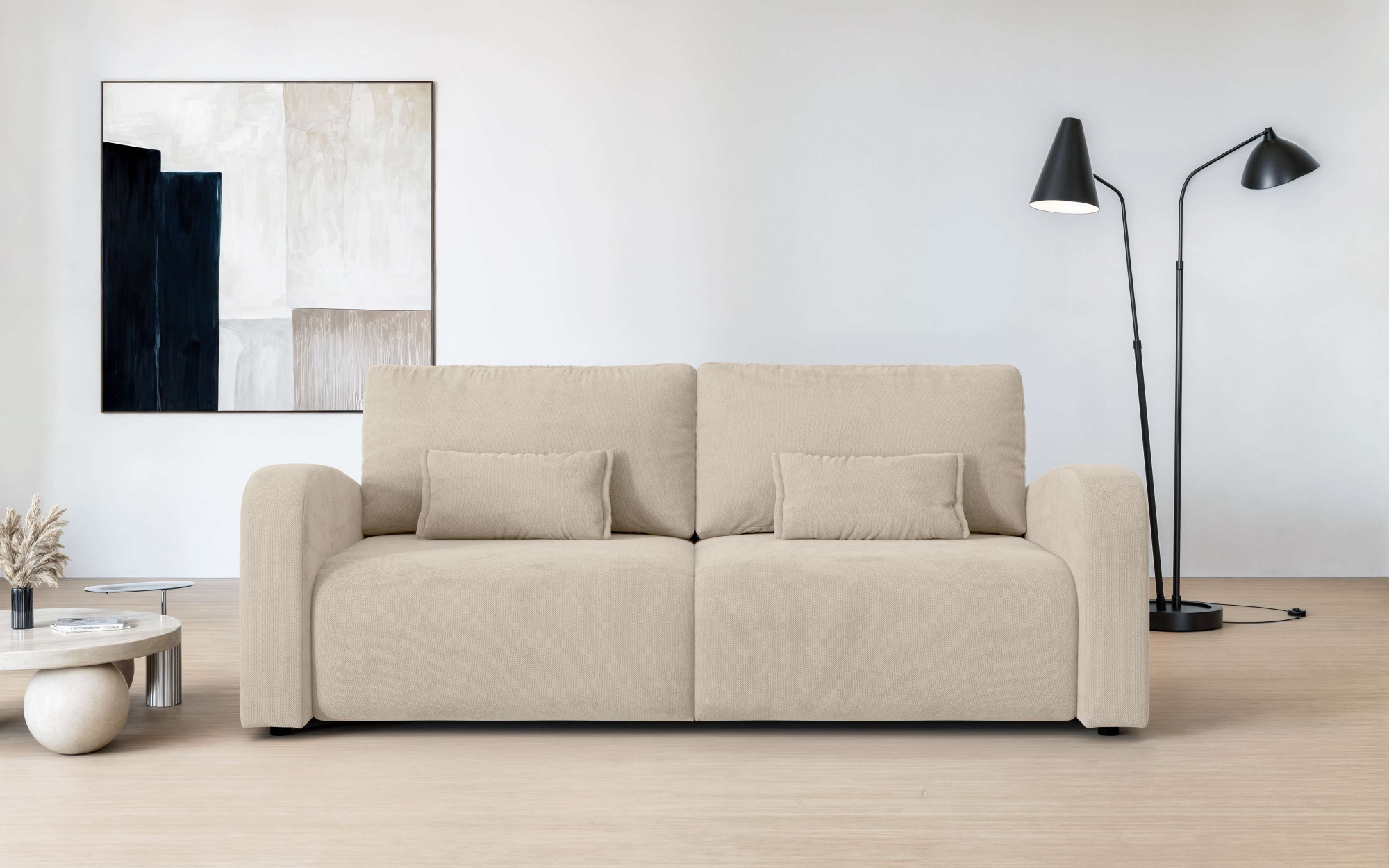 OTTO home 3-Sitzer "JIGGS wahlweise Schlafsofa mit Bettkasten, Maße B/H/T: 228/96/110 cm" Sofa mit Wellenunterfederung, enthält 2 Rückenkissen und 2 Zierkissen