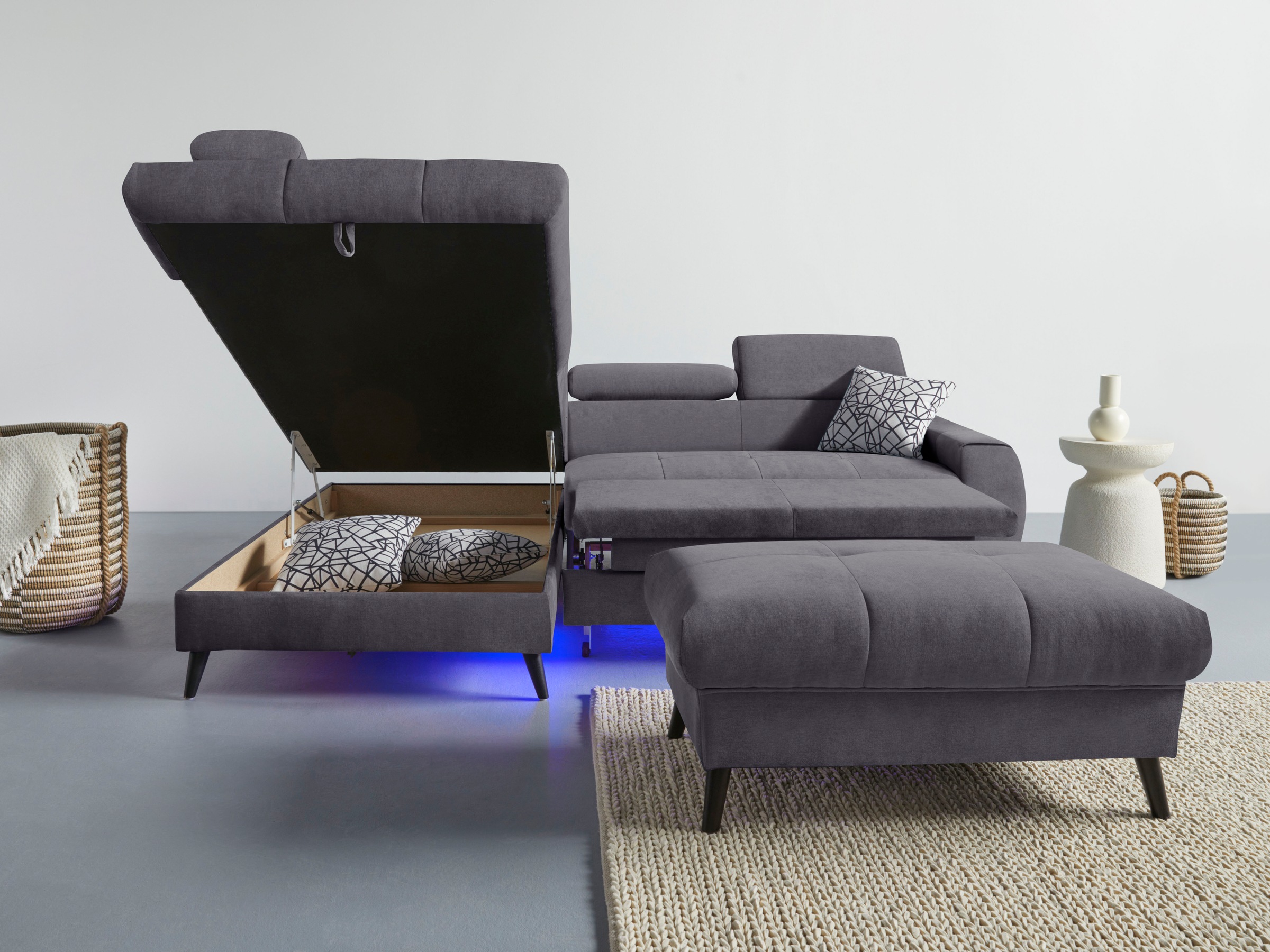 COTTA Ecksofa »Mia L-Form mit 3 Zierkissen«, wahlweise mit Bettfunktion, Bettkasten, Beleuchtung & Wireless-Charger