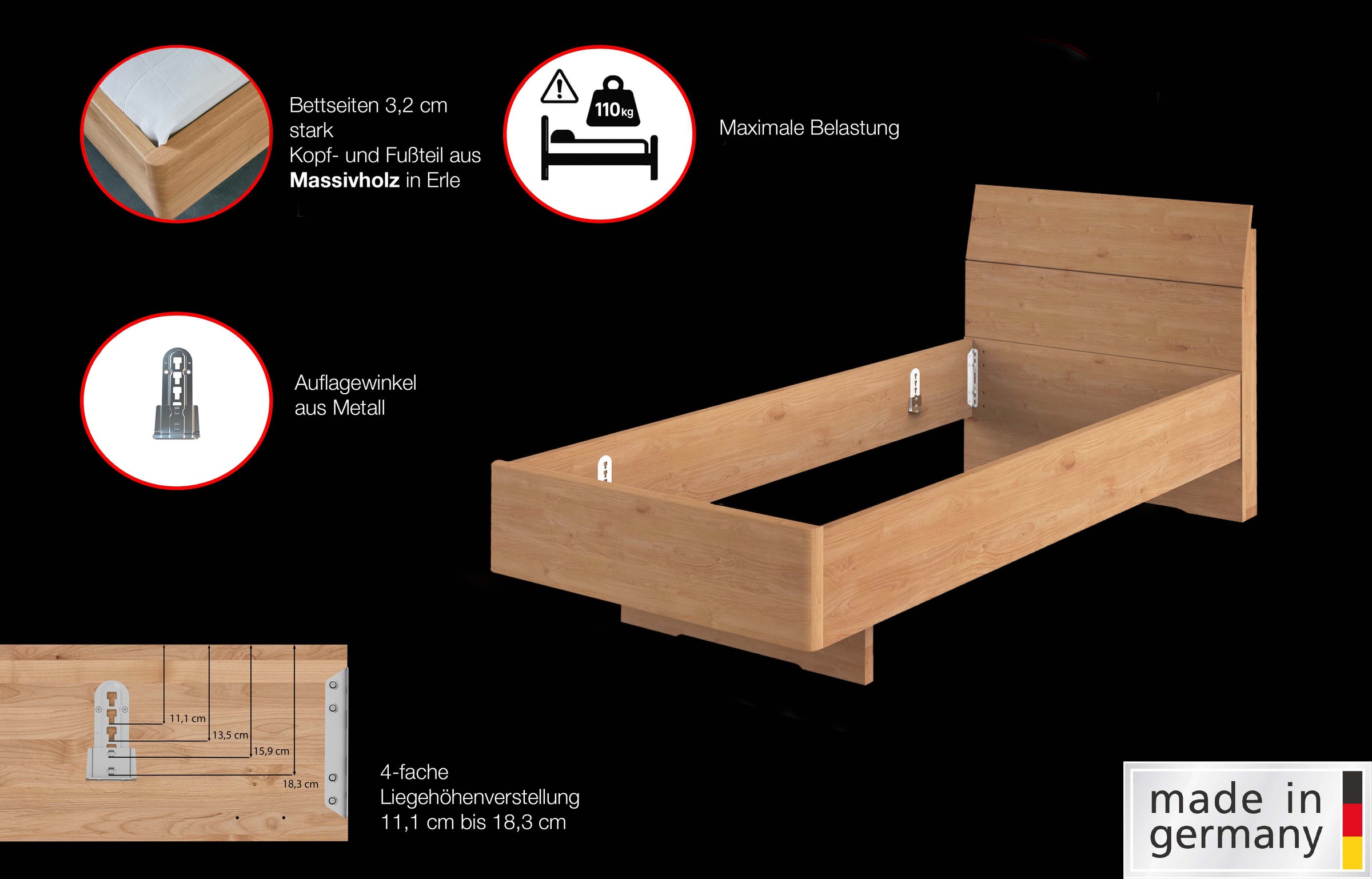 WIEMANN Holzbett »Cardiff, Bettgestell, Bettrahmen, teilmassiv Erle« Belastbarkeit 110/220 Kg, 4-fache höhenverstellbar, MADE IN GERMANY,  Kopf- und Fußteil aus Massivholz in Erle, verschiedene Größen