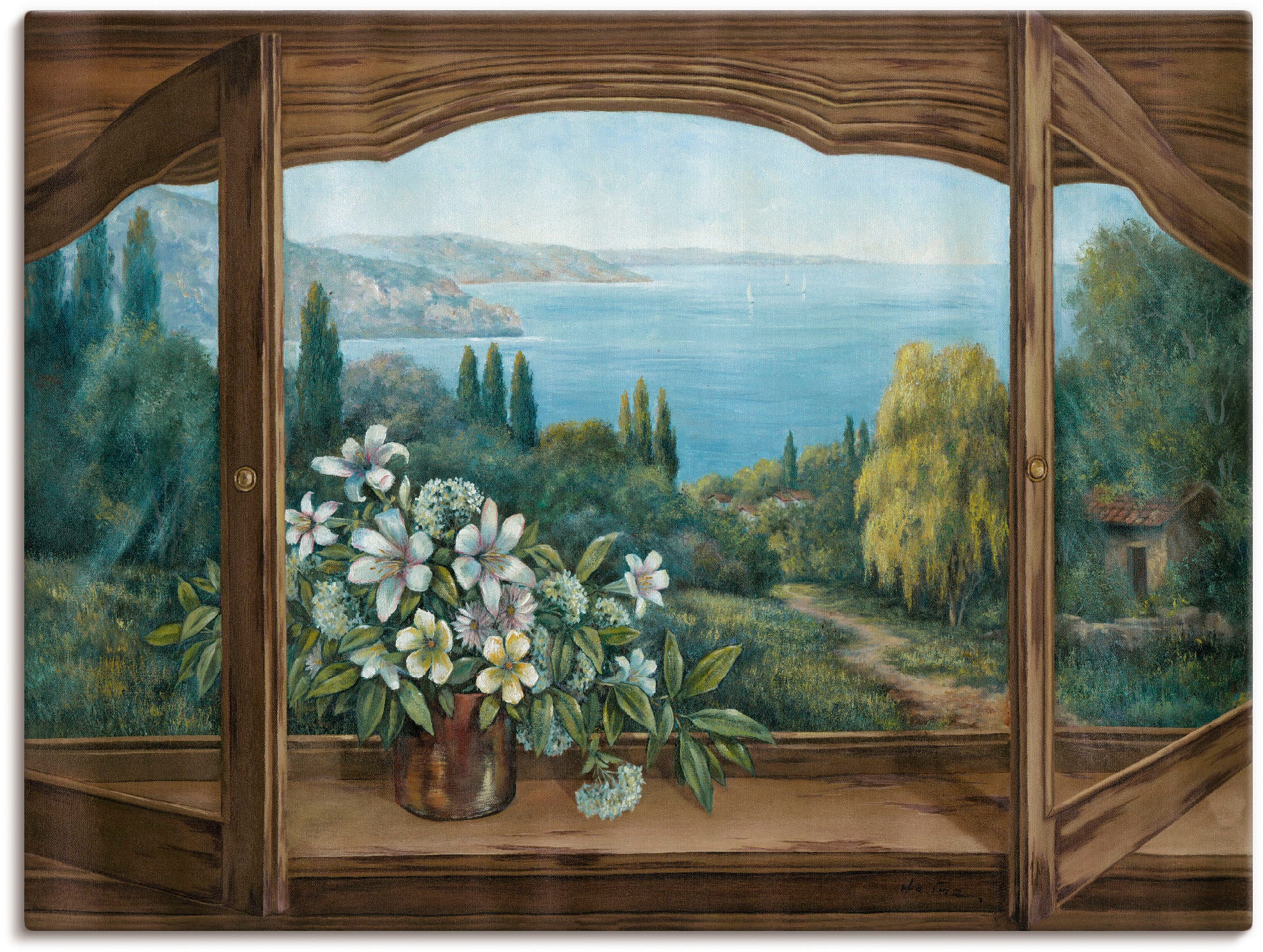 Artland Wandbild »Ausblick Fensterblick, BAUR (1 versch. Leinwandbild, auf´s als Wandaufkleber St.), oder | Alubild, bestellen Poster Meer«, in Größen