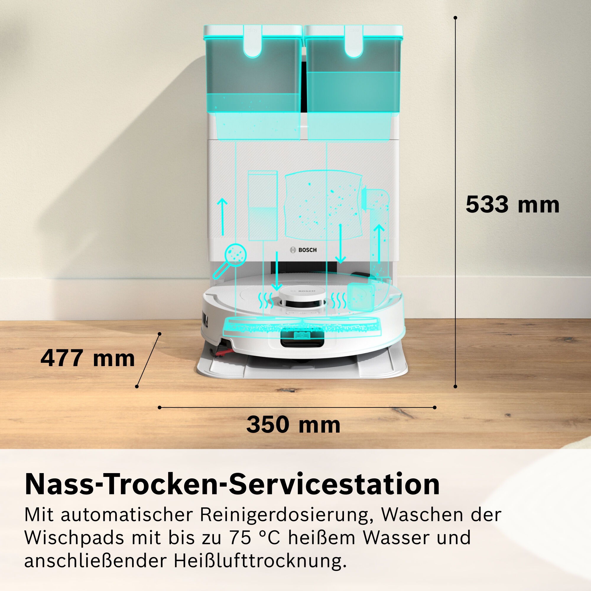 BOSCH Saugroboter »mit Wischfunktion Spotless 2 BCR2S1B/BCR2S1W, 25.000 Pa Saugkraft« Selbstreinigung, Nass-Trocken-Servicestation, rotierende Pads