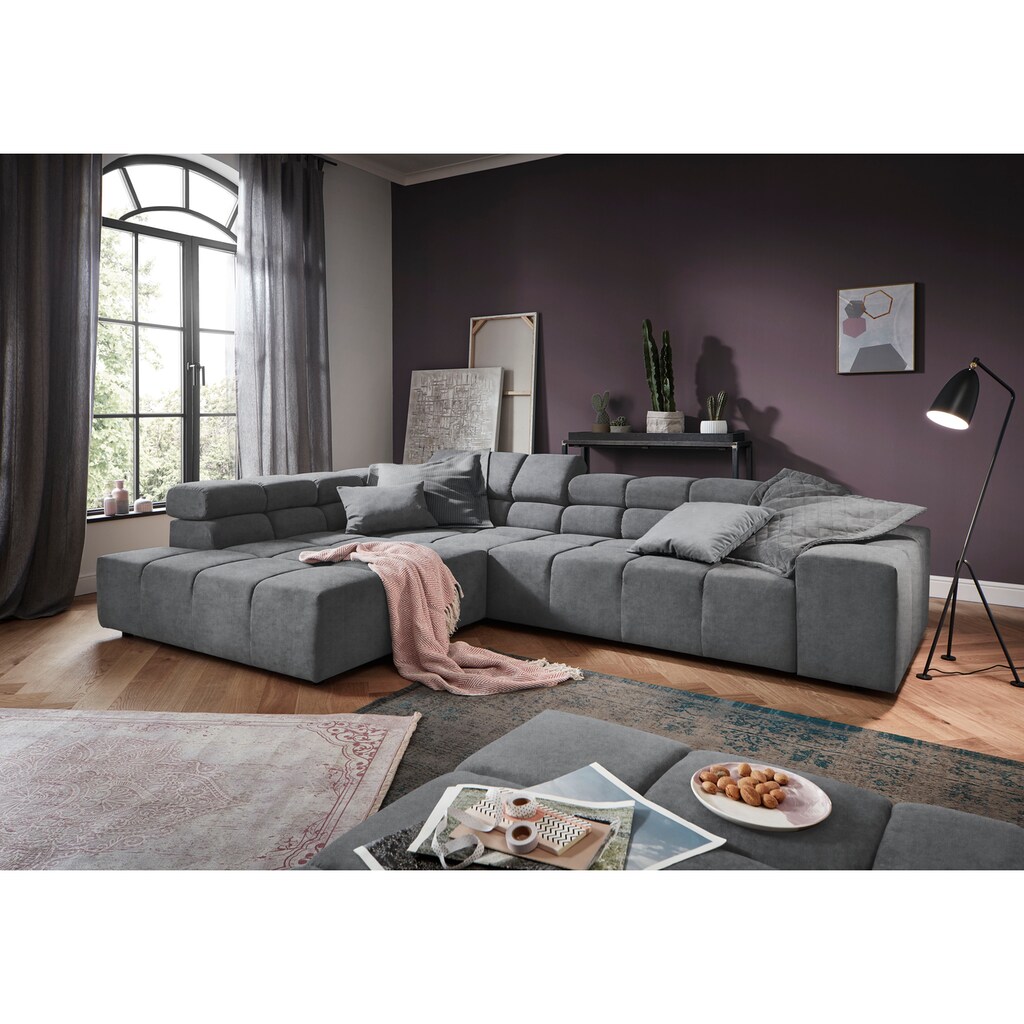 INOSIGN Ecksofa »Ancona incl. Kopfteilverstellung, Zierkissen Breite 319cm, L-Form«, wahlweise motorische Sitztiefenverstellung, auch in Cord + Easy Care