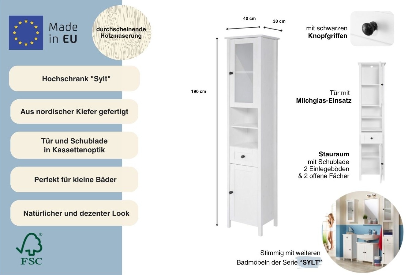 welltime Hochschrank »Sylt« Badmöbel im Landhaus-Stil, Breite 40 cm, aus Massivholz
