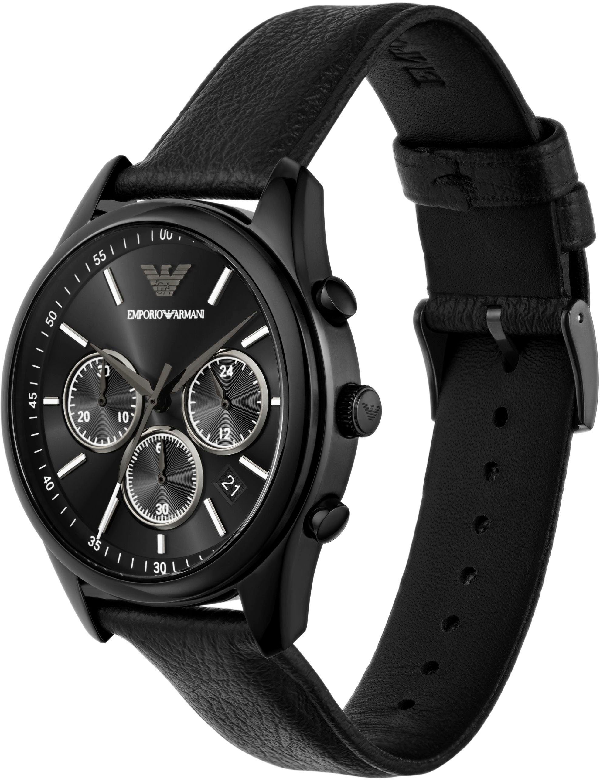 Emporio Armani Chronograph, Quarzuhr, Armbanduhr, Herrenuhr, Stoppfunktion, Lederarmband, Datum