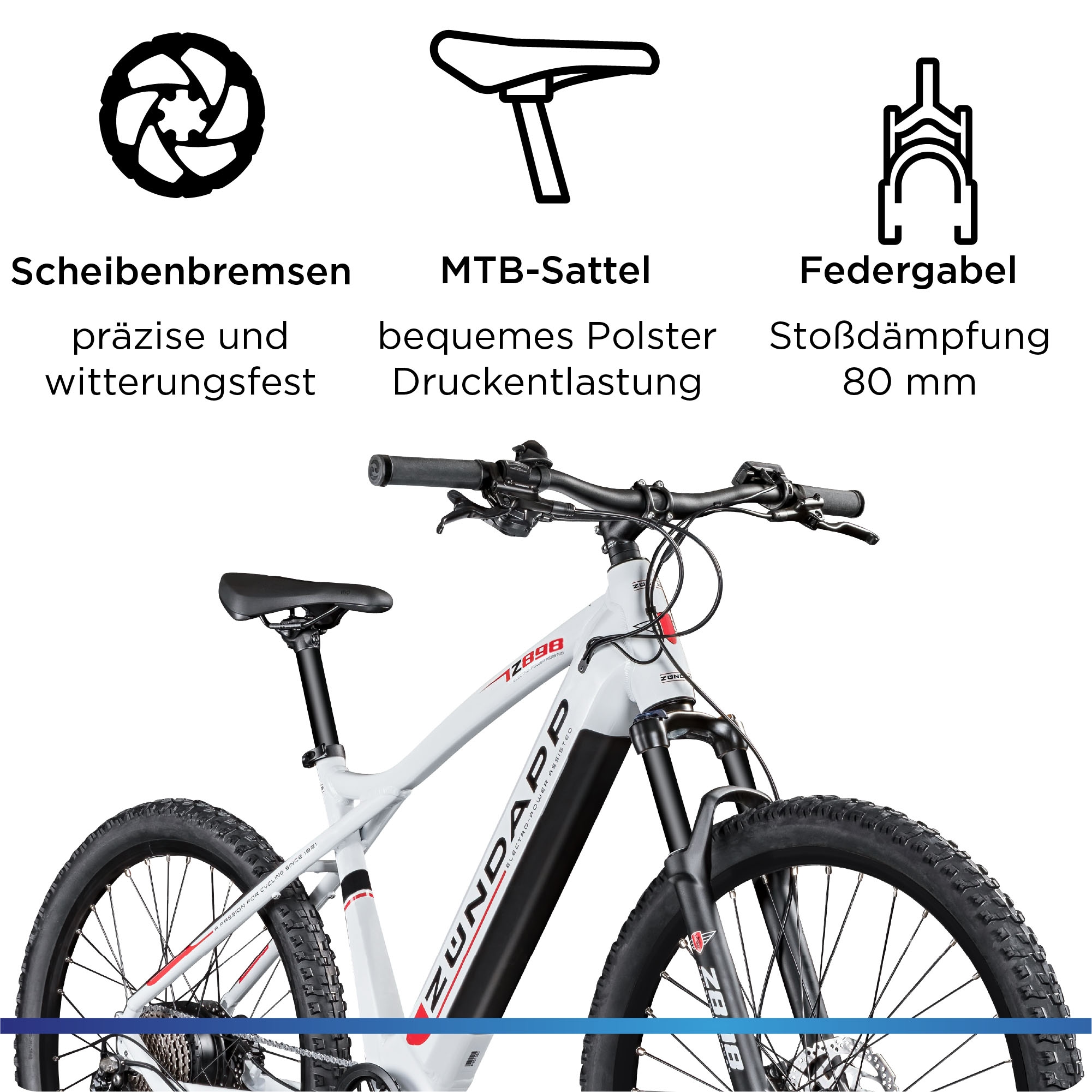Zündapp E-Bike »Z898«, 10 Gang, Heckmotor 250 W, Pedelec, Elektrofahrrad für Damen u. Herren, MTB