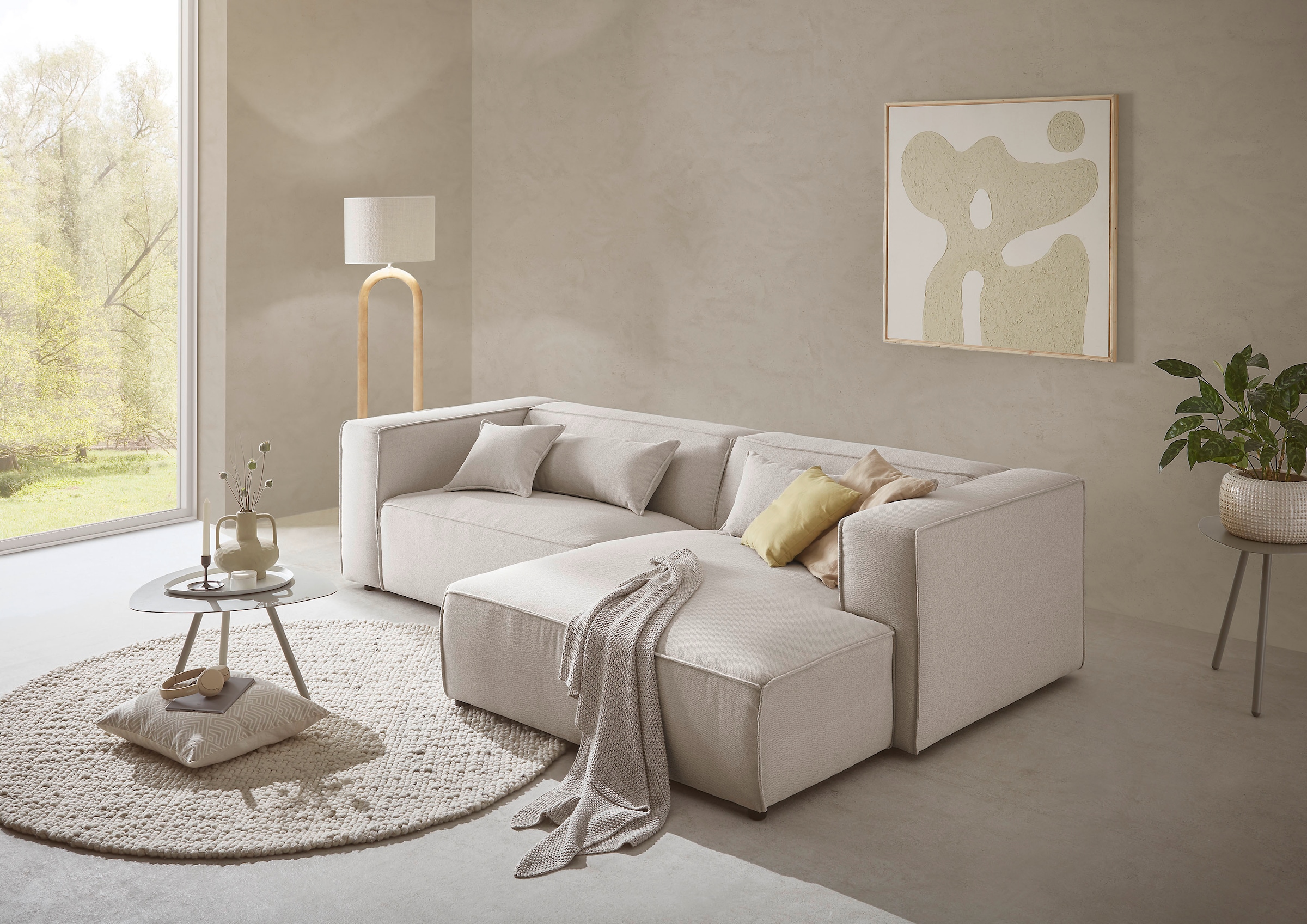 LeGer Home by Lena Gercke Ecksofa »PIARA mit Kedernaht in Cord oder Leinenoptik, moderne Couch in L-Form«, wahlweise Ottomane rechts/links, schwarze Füße, bequemer Sitzkomfort