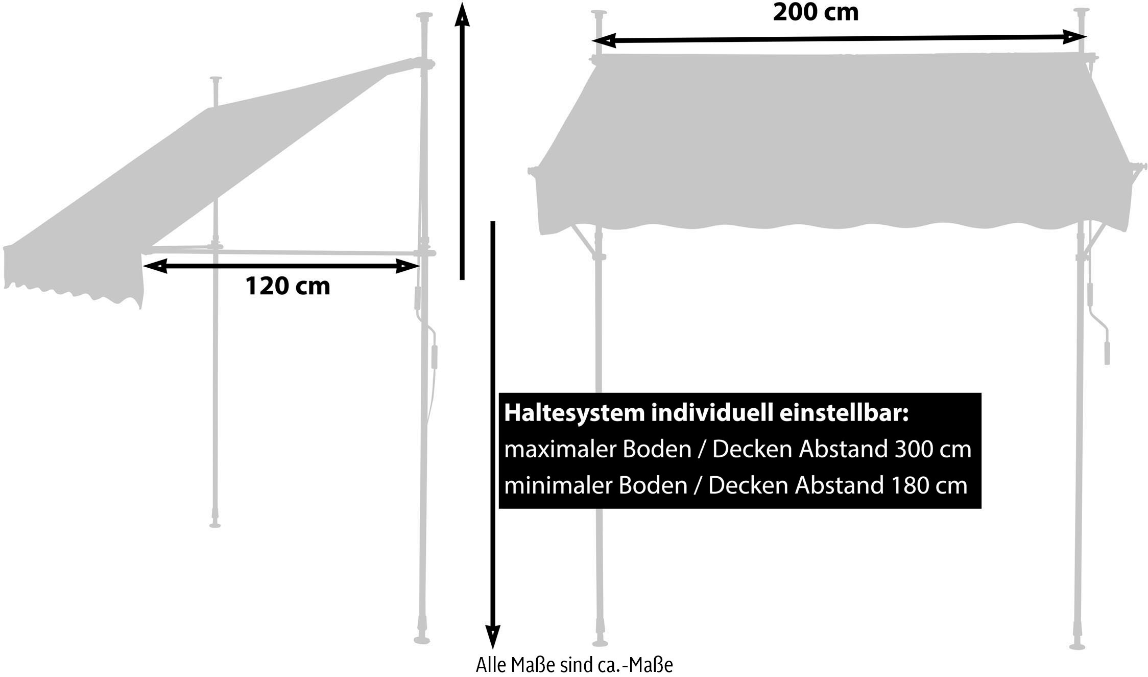 Gartenfreude Klemmmarkise, 200x120x200-300 cm, ohne Bohren, Wellenschnitt
