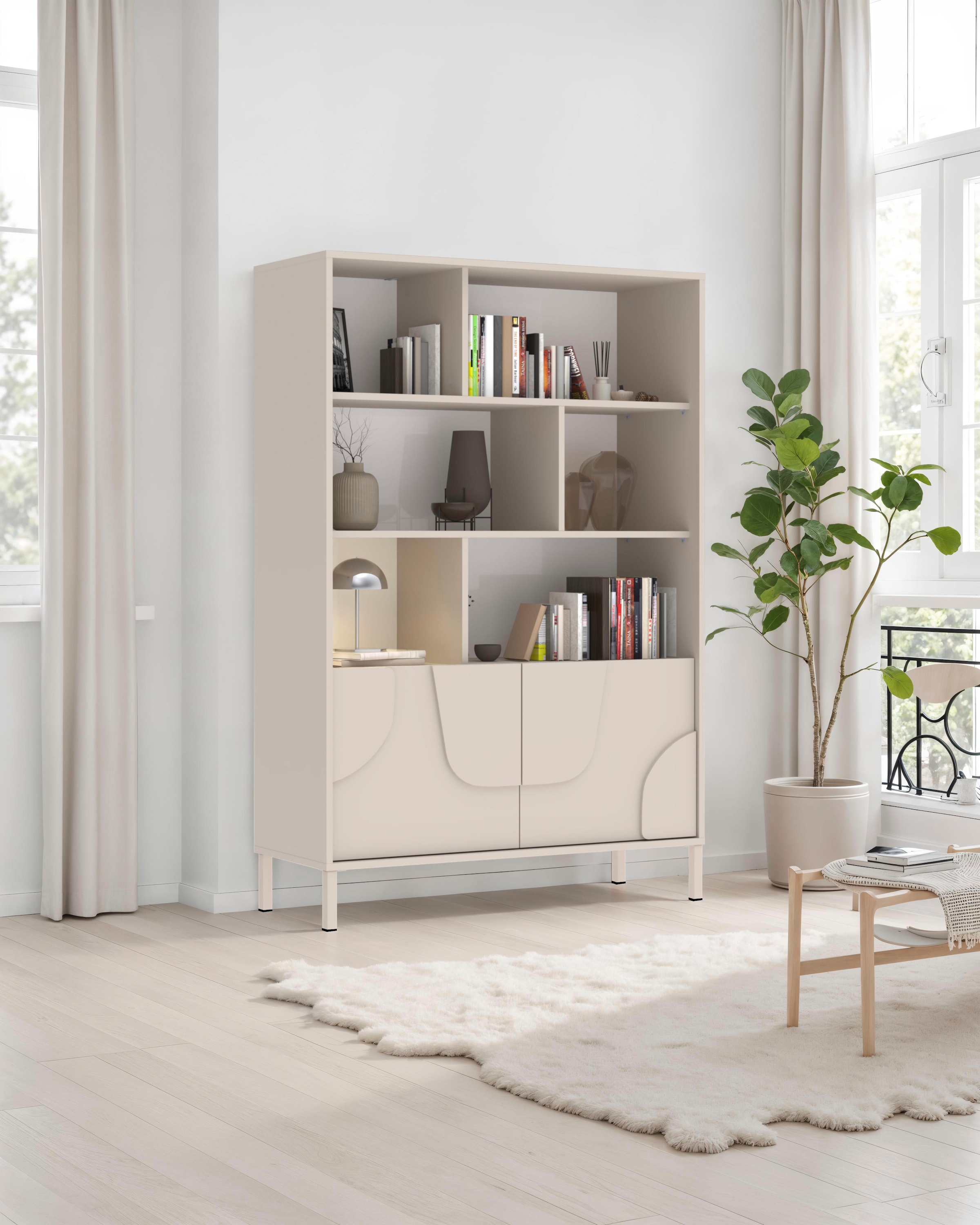 INOSIGN Highboard »Stone, H 155/141, B 105 cm, 2 Türen, 6 offene Fächer, Regal-Schrank« 3D-Design, Push-to-open, Stauraum dekorativ & praktisch, Füße wählbar