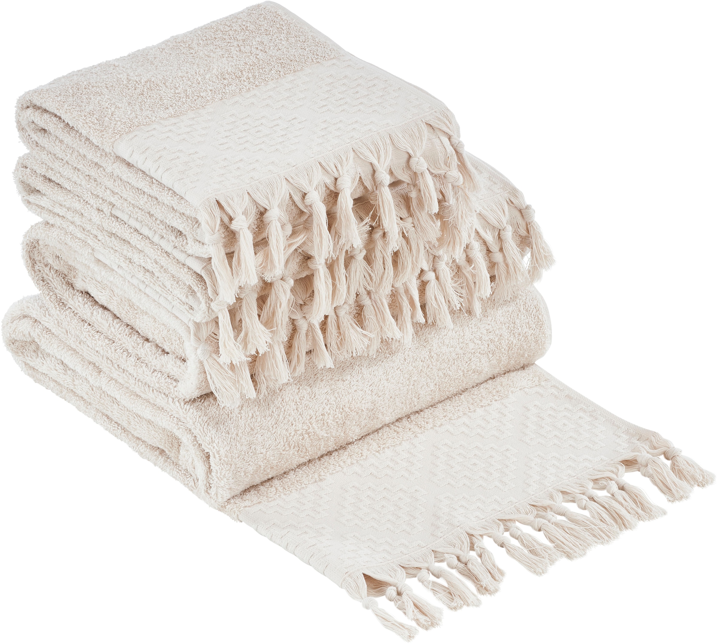 done.® Handtuch Set »Provence Bohéme«, (Set, 4 St., 2 Handtücher (50x100 cm)-2 Duschtücher (70x140 cm), Uni-Farben, Boho-Style, mit auffälliger Borte & Fransen