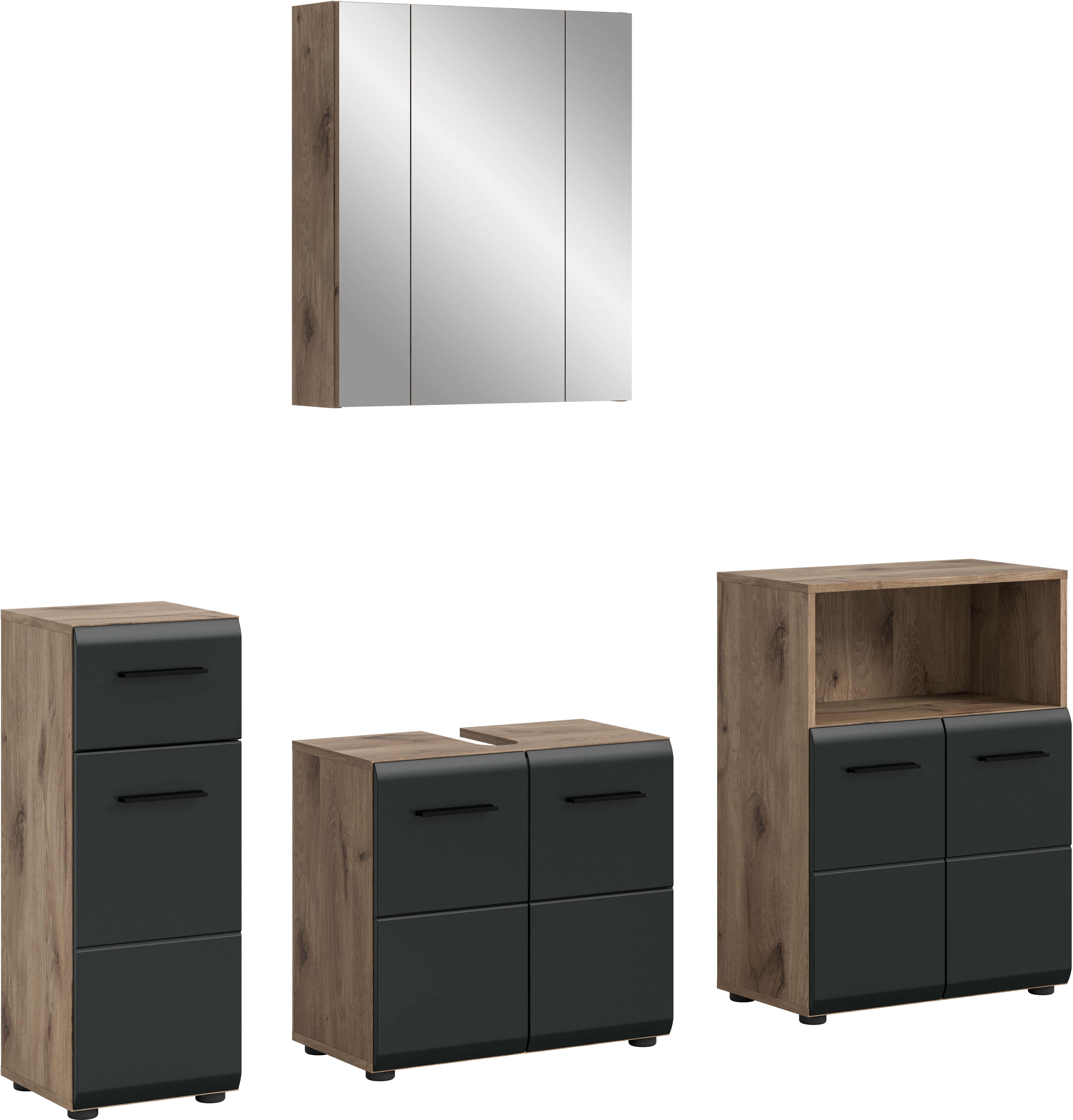 welltime Badmöbel-Set "FLORENZ, 4-teilige Badkombination, hochwertige MDF-Front" Set, Unterschrank, Waschbeckenunterschrank, Spiegelschrank, Midischrank, 4 Stk. tlg.