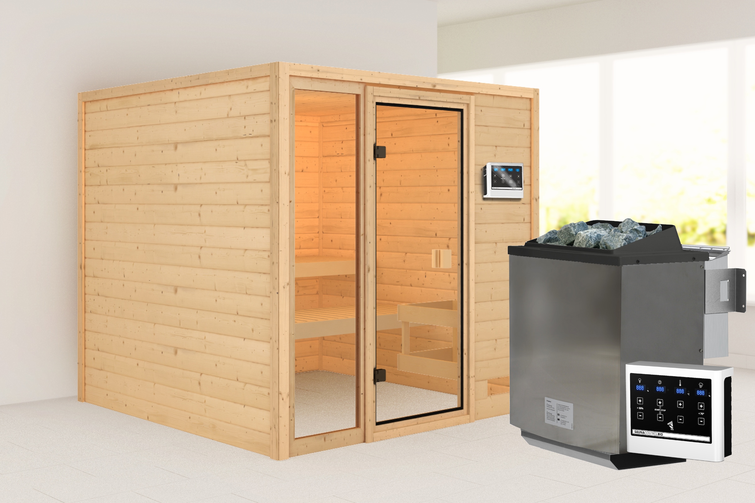 Karibu Sauna ""Jackie" mit bronzierter Tür, naturbelassen" aus hochwertiger nordischer Fichte