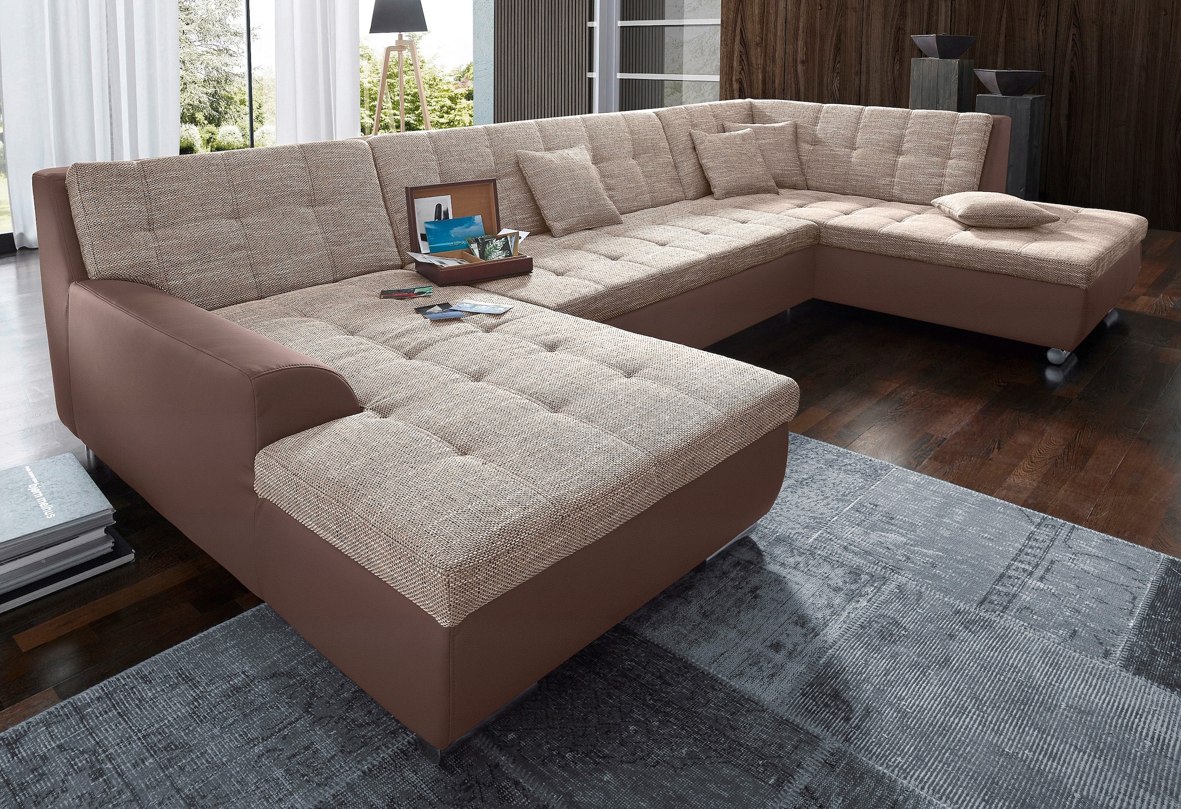 DOMO collection Wohnlandschaft »Treviso incl. Zierkissen, moderne Steppung, XXL: B/T/H: 364/201/83 cm«, wahlweise mit Bettfunktion, in vielen Bezugsarten auch in Cord U-Form