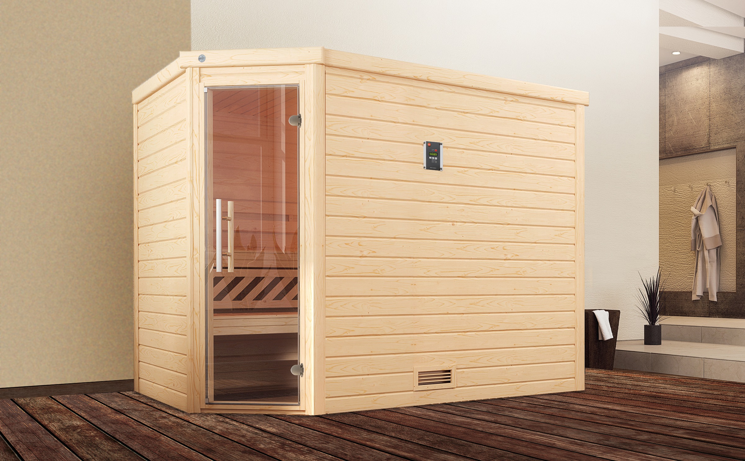 weka Sauna »Massivholzsauna TURKU 3«, Blockbohlen, moderne Ganzglastür
