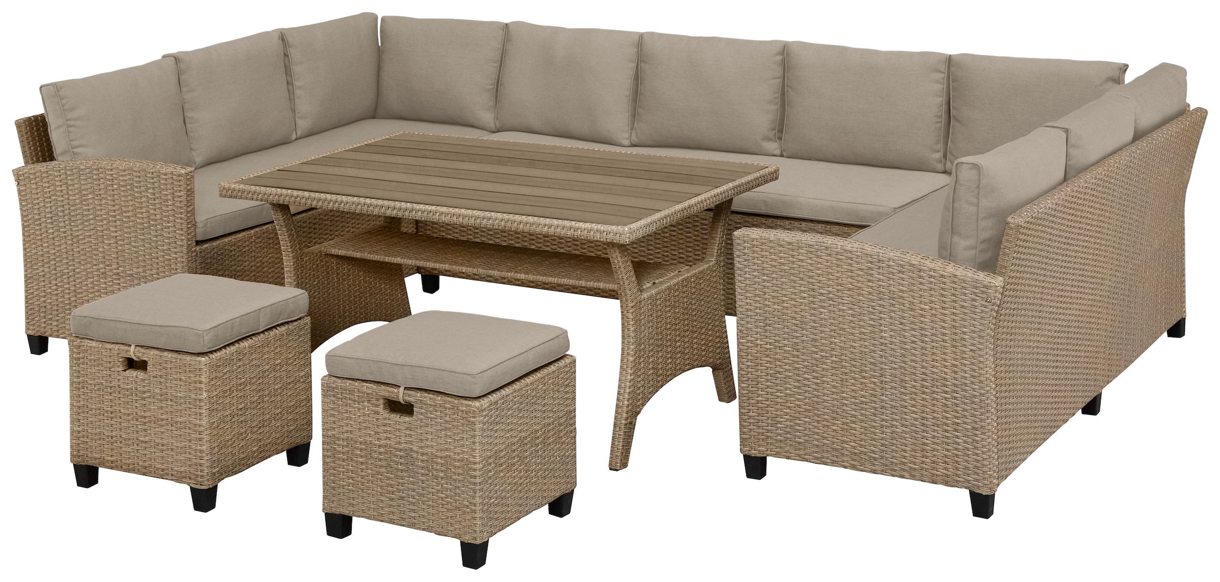 KONIFERA Gartenlounge-Set »Rotterdam«, (Set, 20 tlg., 3x 3er Sofa, 2x Hocker, 1x Tisch 120x82x67cm, inkl. Auflagen), Polyrattan, Stahl, Tischplatte aus Nonwood, Unser Dauertiefpreis