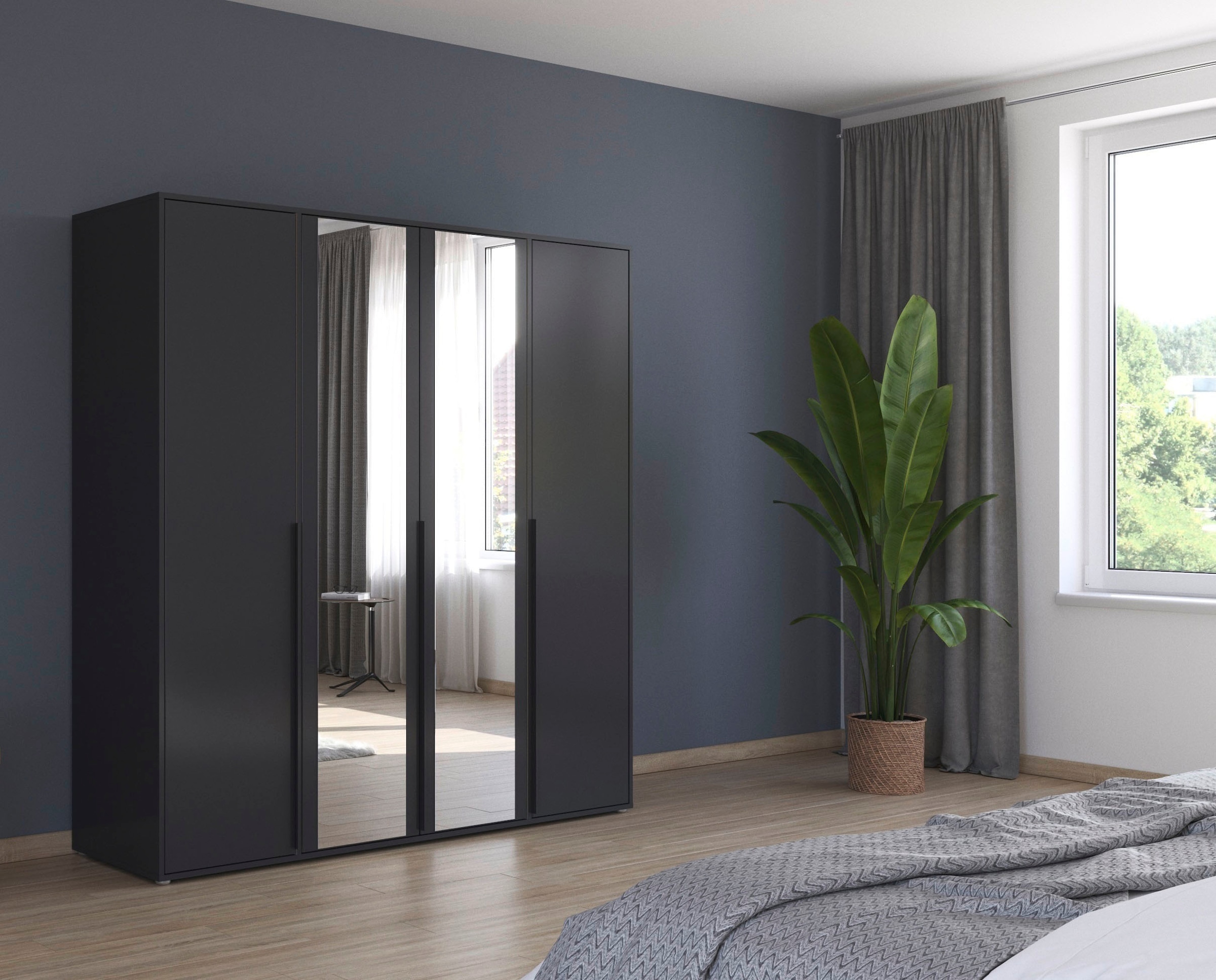 rauch Drehtürenschrank »Kleiderschrank Schrank Garderobe Wäscheschrank NAGATA mit Spiegel«, (in 3 verschiedenen Ausstattungen BASIC/CLASSIC/PREMIUM), und modernen Stangengriffen in Graumetallic TOPSELLER MADE IN GERMANY