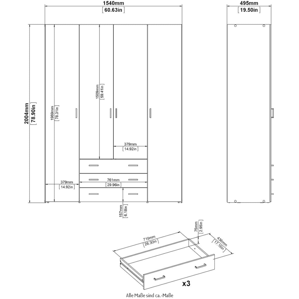 Home affaire Kleiderschrank, Mit viel Stauraum, graue Stangengriffe, Gr. ca. 200,4 x 154 x 49,5 cm