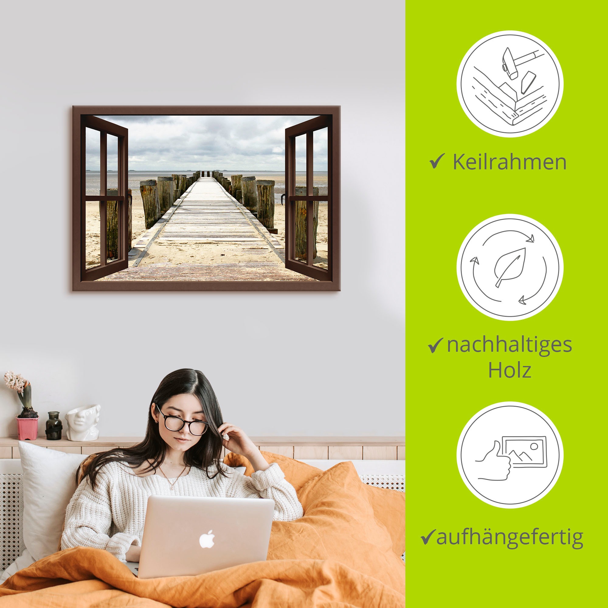 Artland Wandbild »Fensterblick - Steg ins Watt«, Fensterblick, (1 St.), als Leinwandbild, Wandaufkleber in verschied. Größen