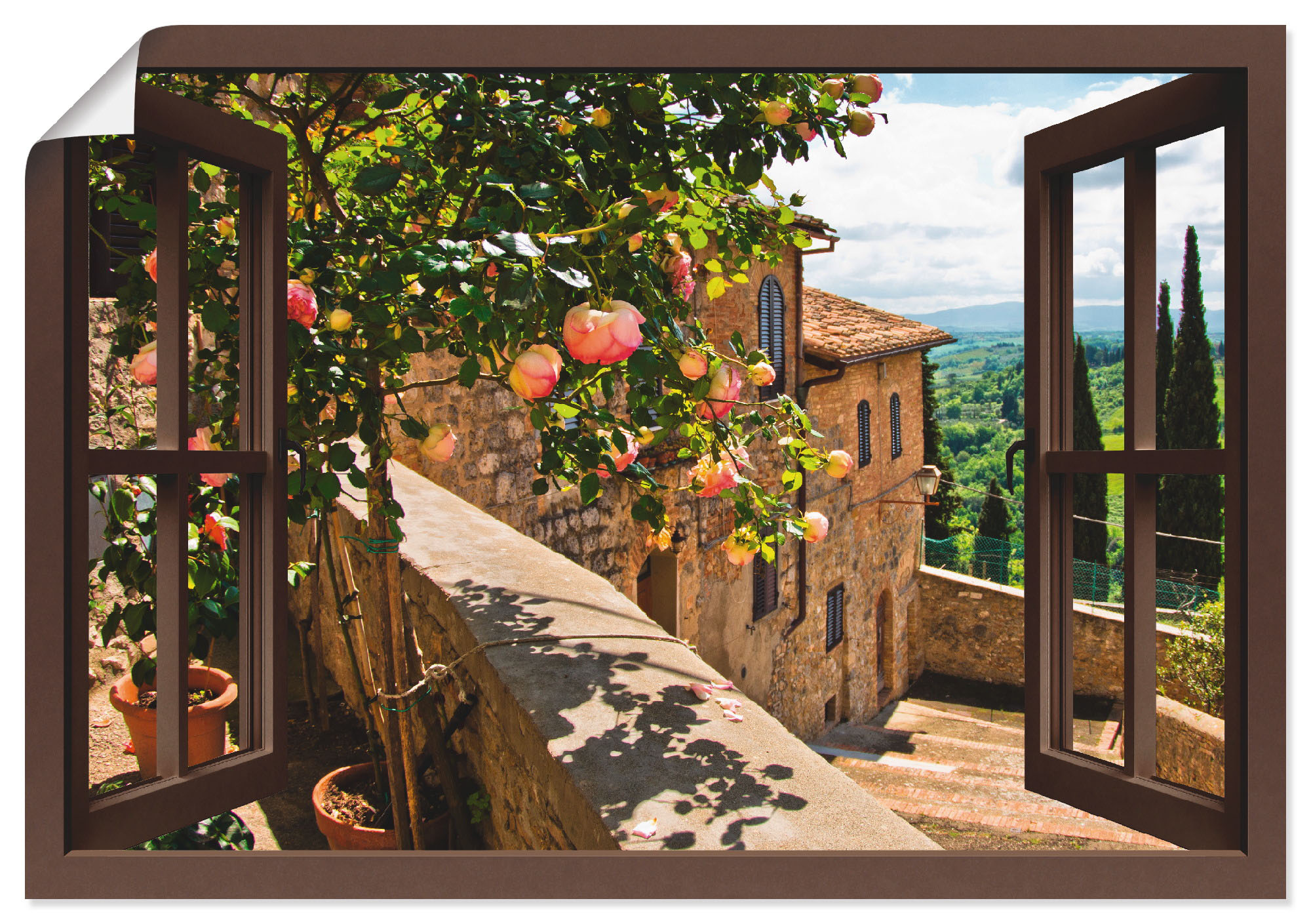 Artland Wandbild "Fensterblick Rosen auf Balkon Toskana" Garten 1 Stk. tlg. als Leinwandbild, Poster in verschied. Größen