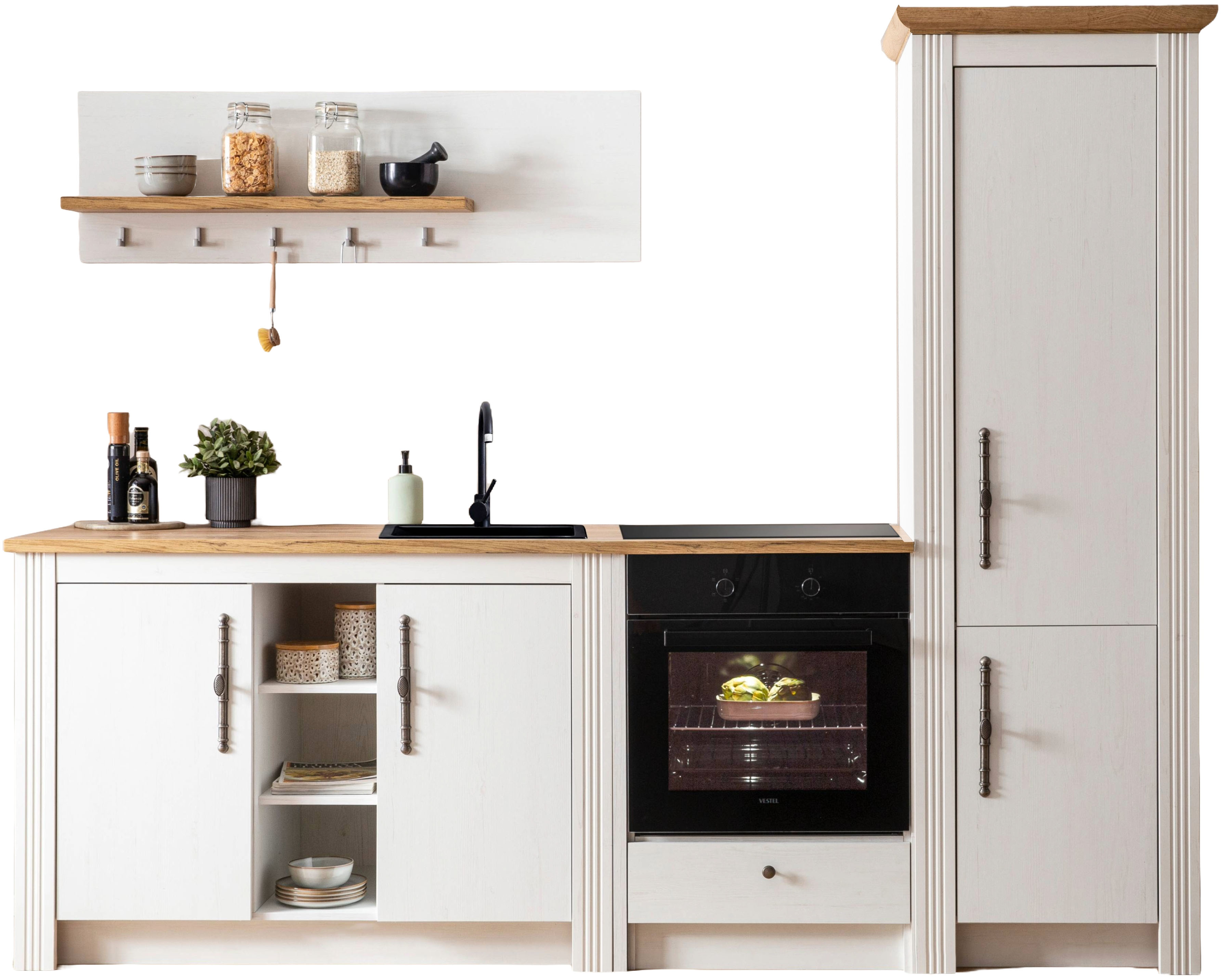 OTTO home Küchenzeile "KS-Westminster, Pantryküche im Landhaus Stil, hochwertige Metallgriffe" Set, Breite 257 cm, Kommode, Wandpaneel, Stauraumschrank, Herdumbau