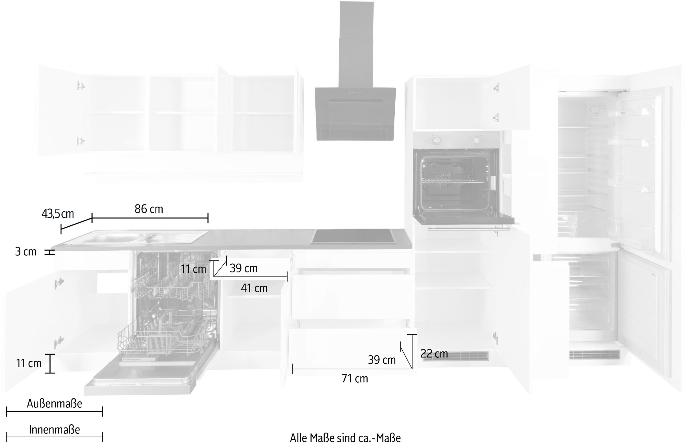 HELD MÖBEL Küchenzeile »Virginia«, Breite 390 cm, mit Glaskeramik-oder Induktionskochfeld