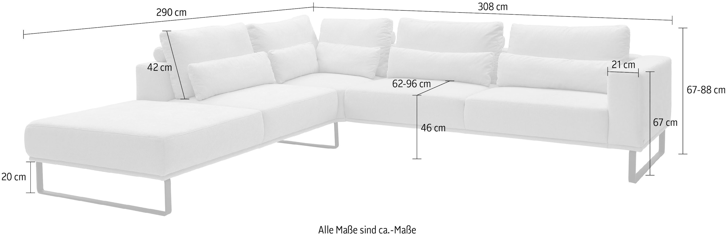 Musterring »JustB! PM100 Federkern & Kaltschaum, bequem, Breite 308cm, L-Form« mit Sitztiefenverstellung und Kissen, mit Metallkufe, Maße 290x308 cm