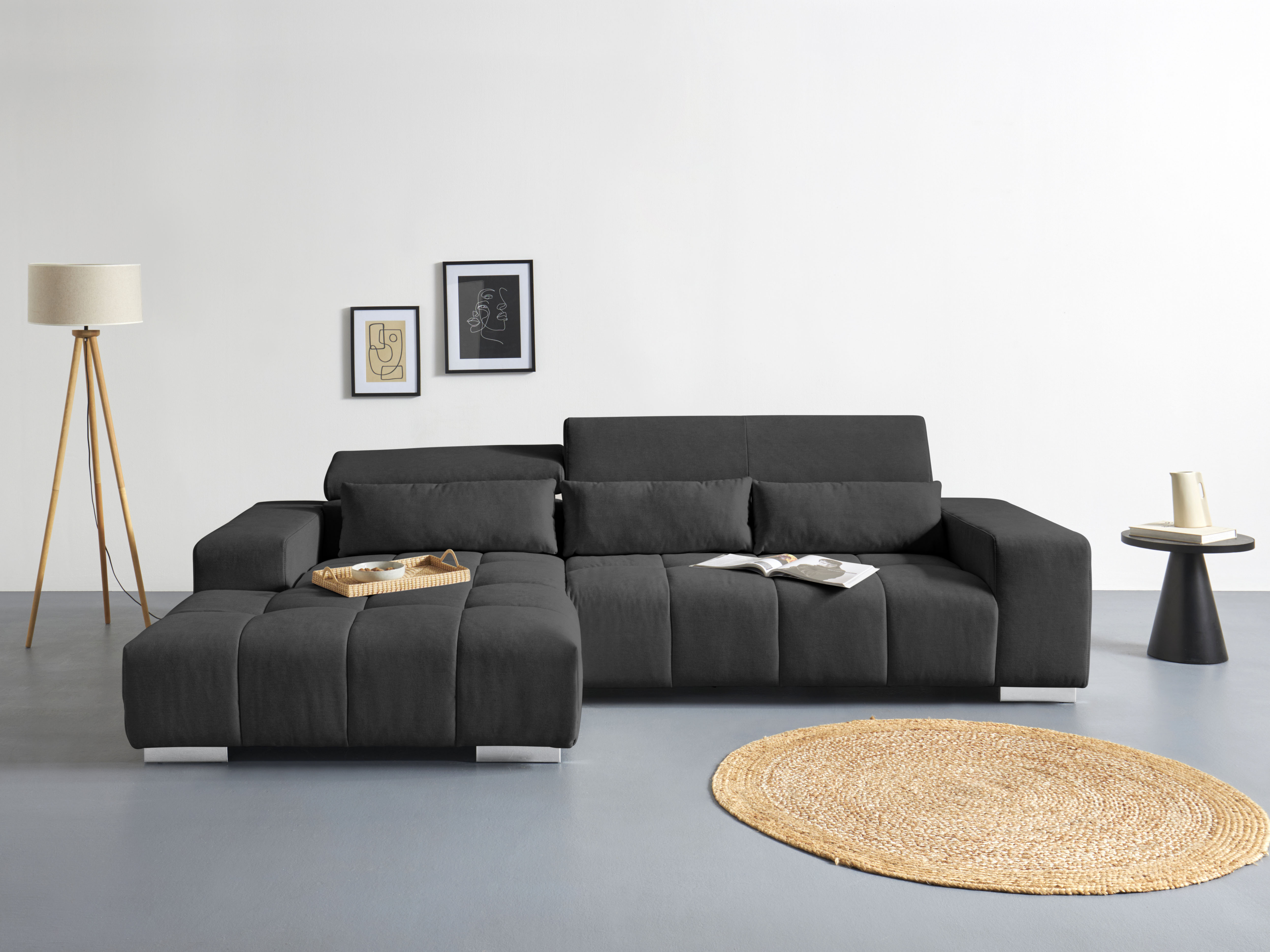 COTTA Ecksofa "Orion L-Form, B: 307 cm, moderne Steppung, bequeme Wellenunterfederung" 2x Kopfteilverstellung & 3 Nierenkissen
