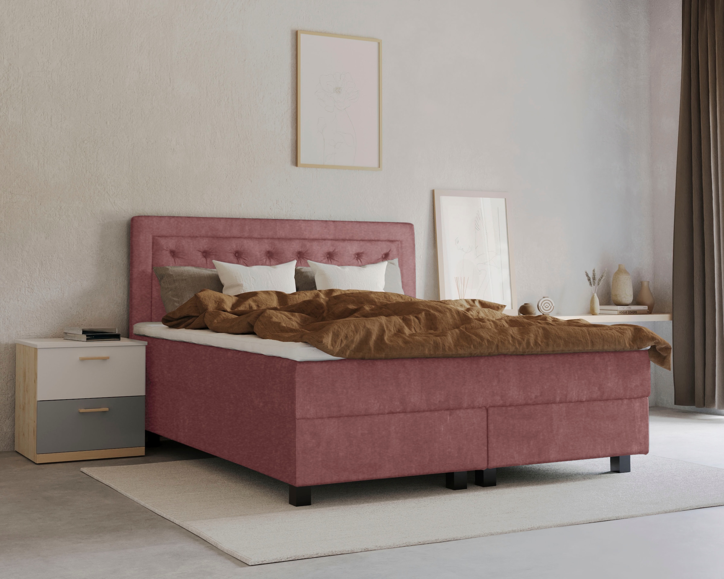 Boxspringbett HOME AFFAIRE "Jeanne", rosa (rosé), B:161cm L:208cm, 100% Polyester, Komplettbetten, Boxspringbett, inkl. Topper mit Taschen-Federkernmatratze