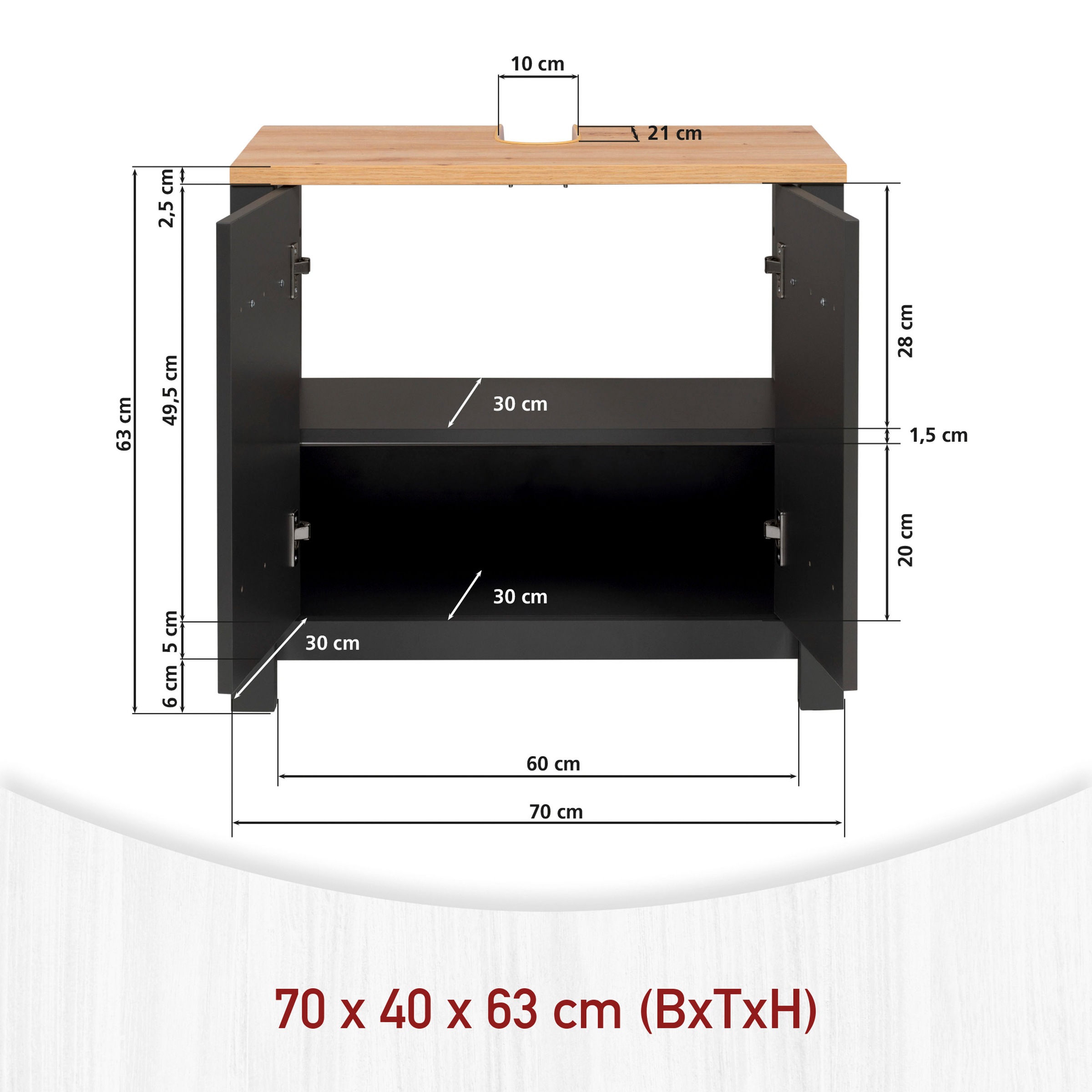 Inter Link Waschbeckenunterschrank »Carbona, Badmöbel, Siphon Ausschnitt, Wasserabweisend, 70 x 40 x 63 cm« 1 Stk. tlg. Unterschrank mit Softclose, verstellbarer Einlegeboden & Füße