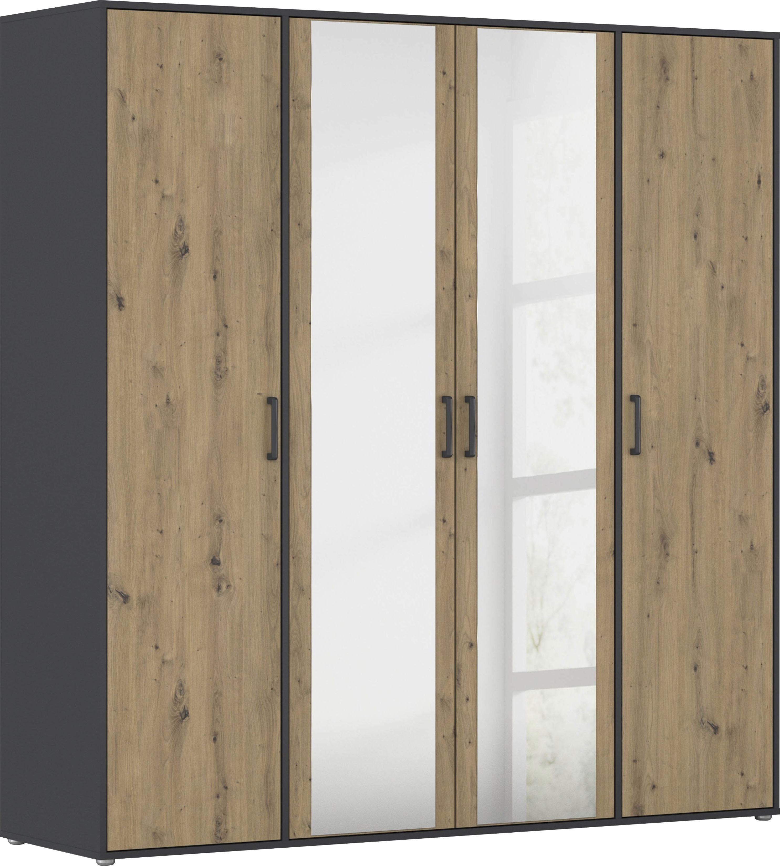 rauch "Kleiderschrank Schrank Garderobe Wäscheschrank VOYAGER" in 3 verschiedenen Ausstattungen BASIC/CLASSIC/PREMIUM, mit modernen Griffen in Graumetallic und Spiegel