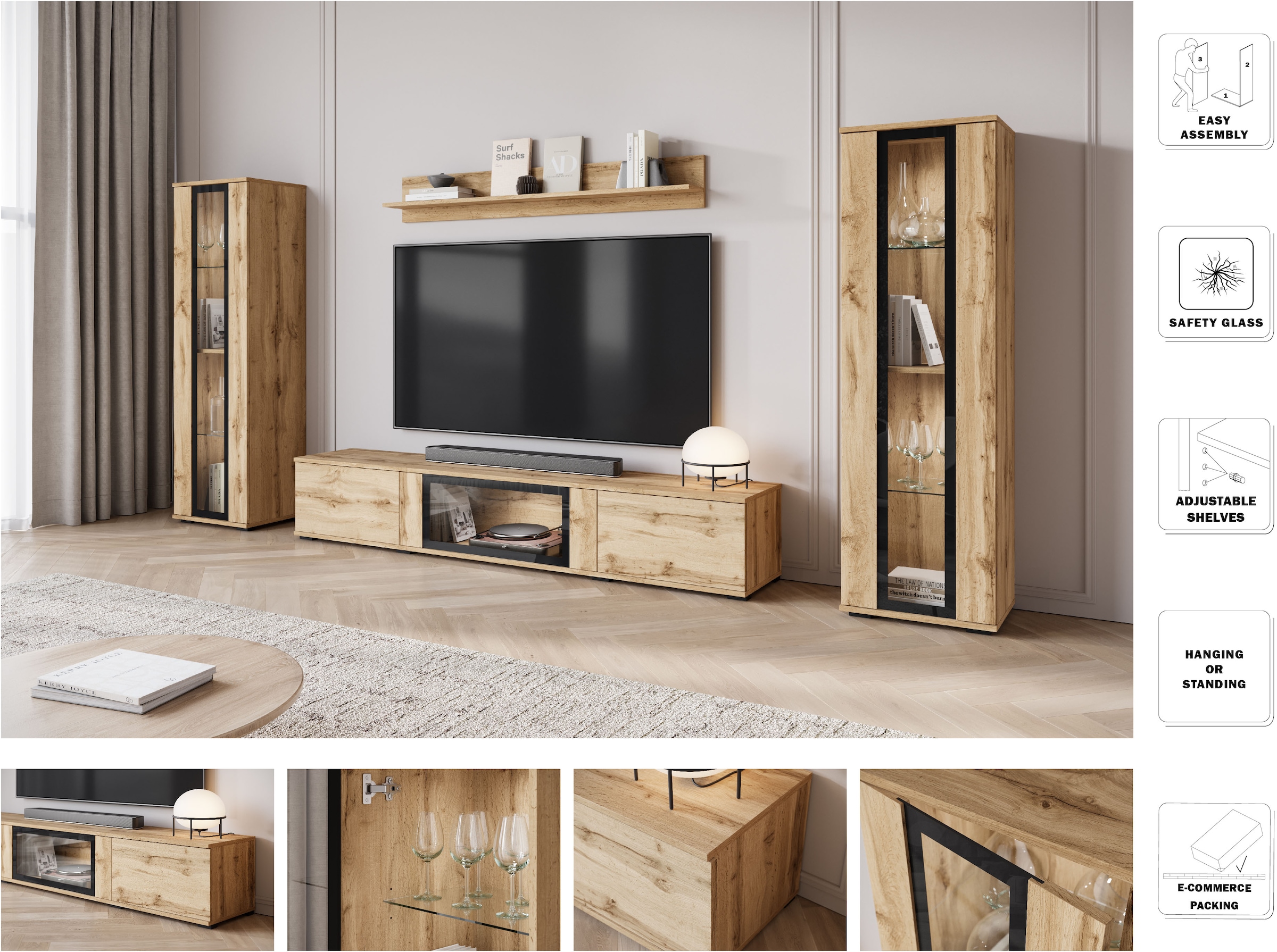 INOSIGN Wohnwand »Caro, stehend und hängend montierbar«, (Komplett-Set, 4 St., Vitrine Türanschlag links/rechts wechselbar), grifflose Design, höhenverstellbare Einlegeböden