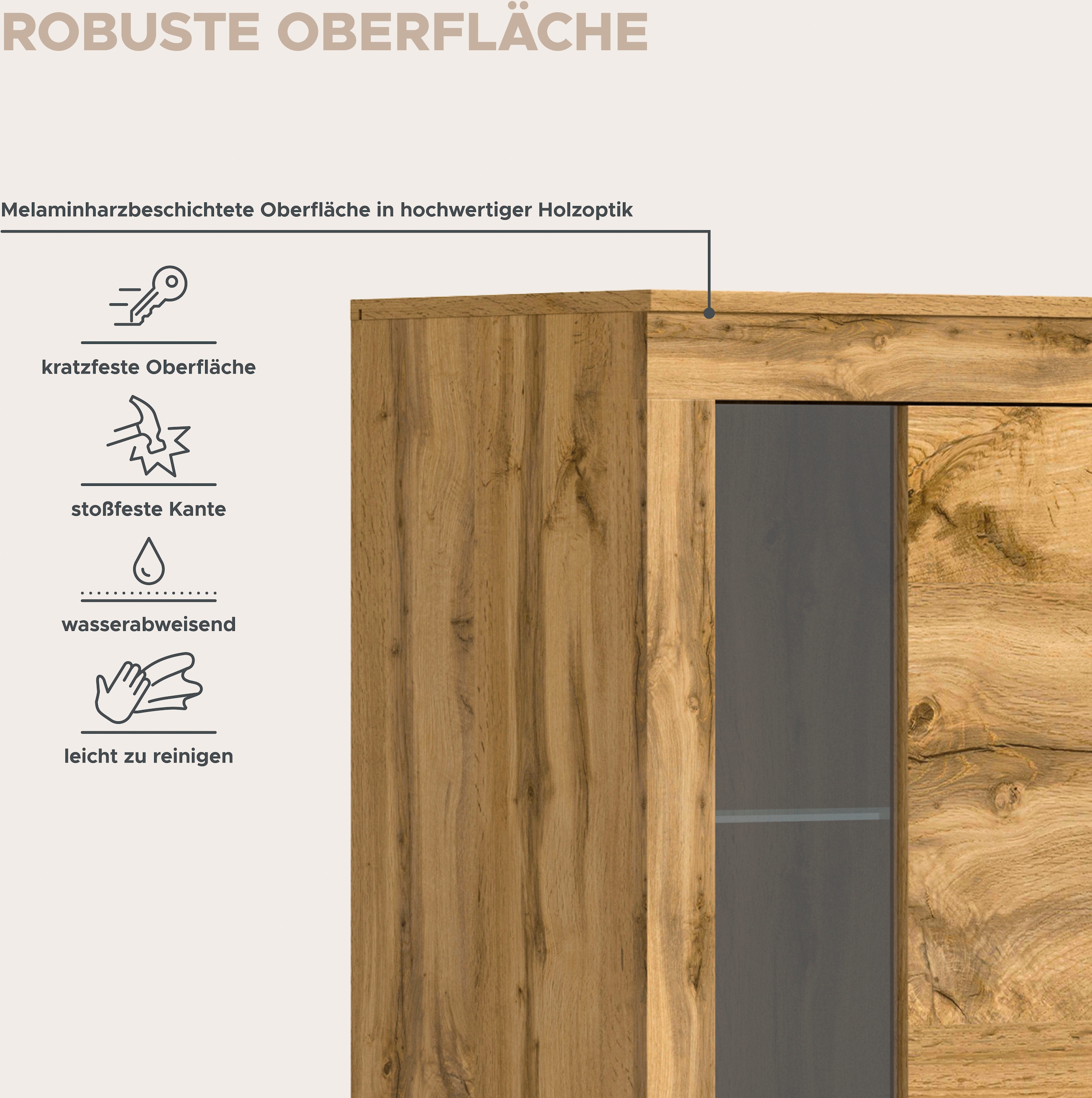 INOSIGN Wohnwand »Aosta, Breite 235cm, bestehend aus Lowboard, Wandboard, Vitrine«, (3 St.), Wohnwand, Kombination, Anbauwand, Möbel Set, Schrankwand, Möbel Kombi