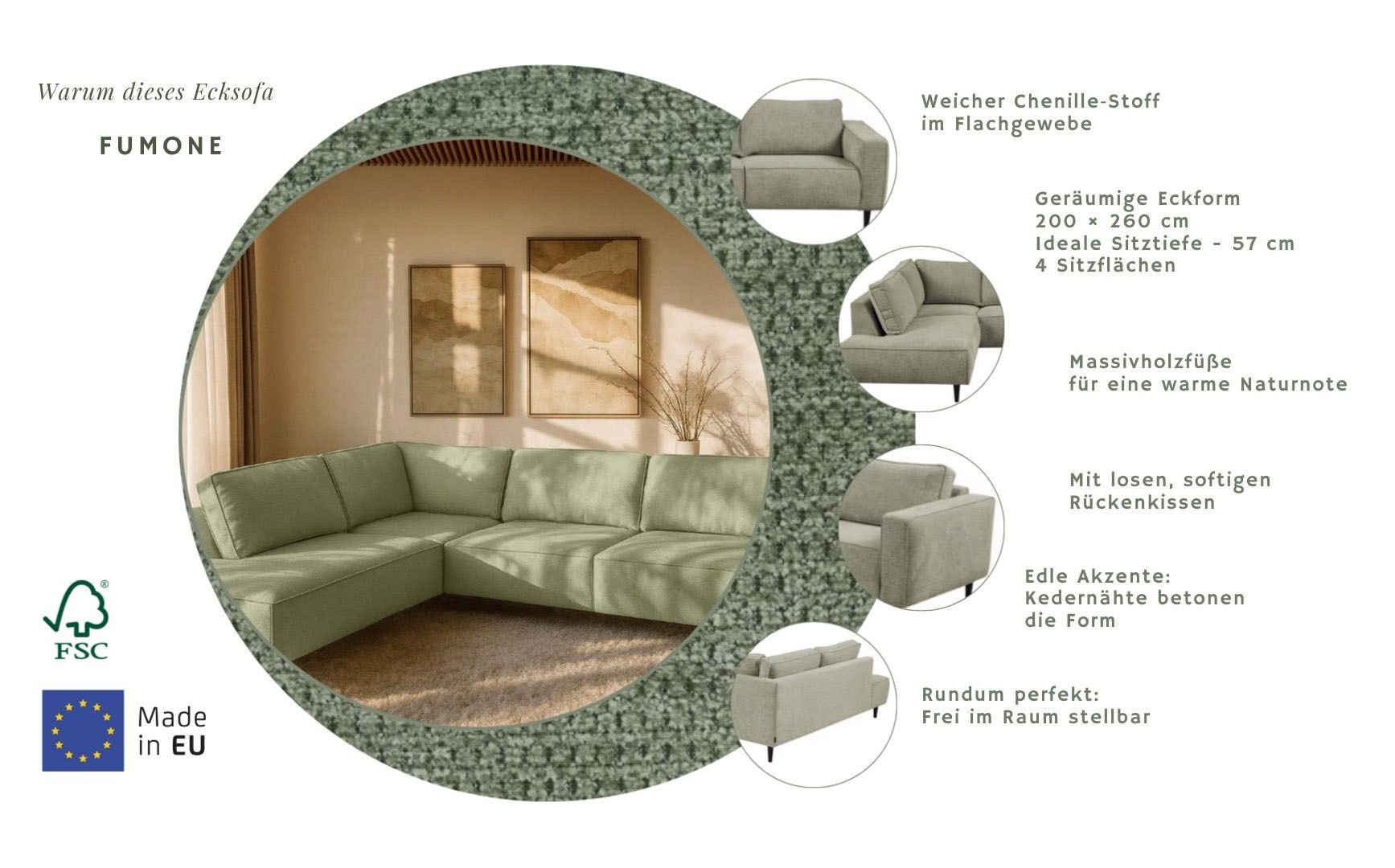 Home affaire Ecksofa »Fumone, Lederoptik oder Soft-Touch Chenille« Breite 260, mit schwarzen Massivholzfüßen