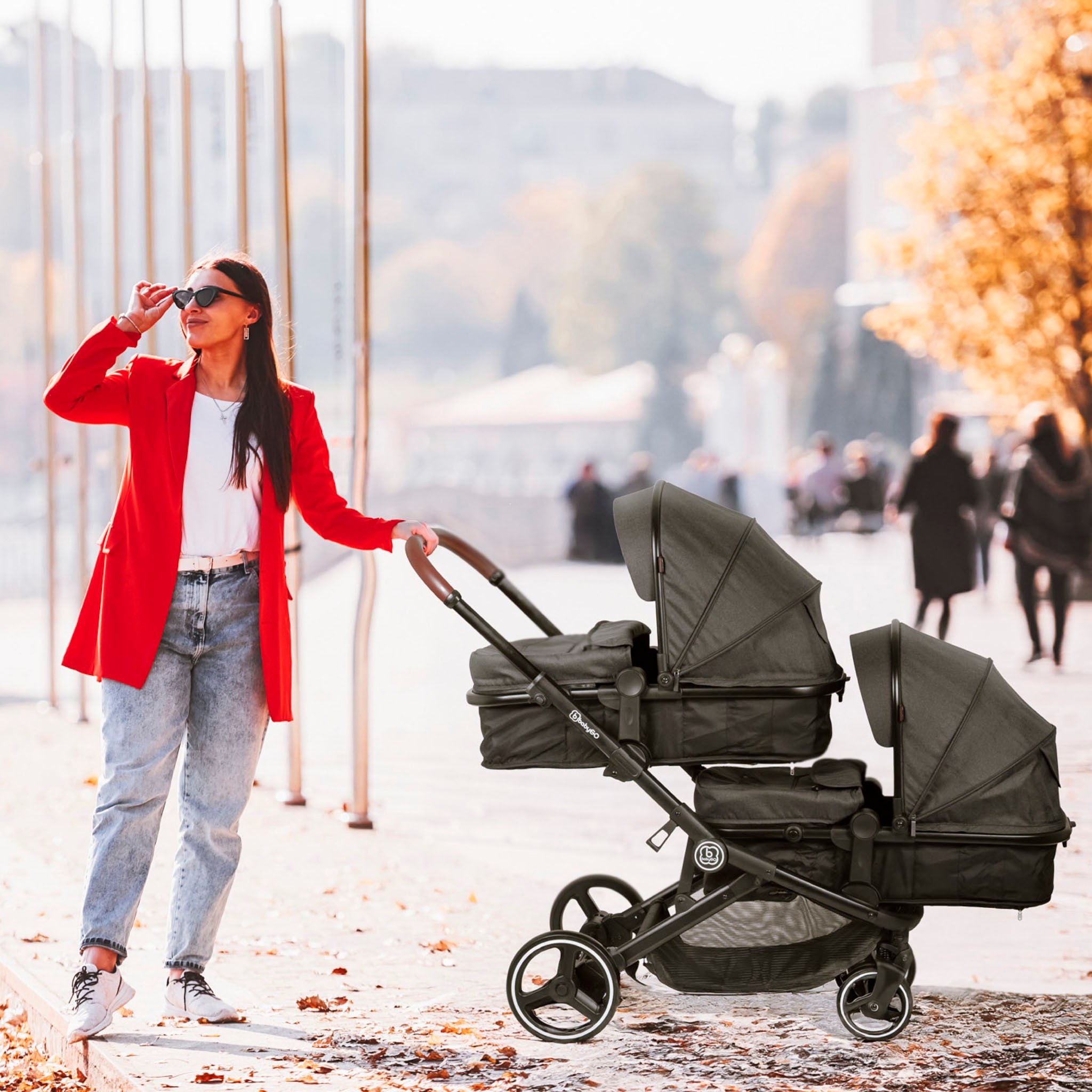 BabyGo Zwillings-Kombikinderwagen »Twinner Set, Grey melange«, 30 kg, inkl. 2 Regenhauben, Wickeltasche