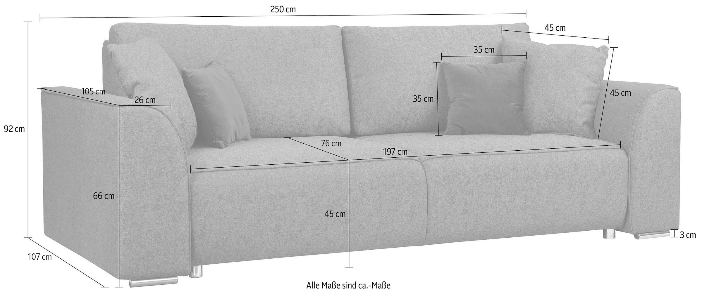 INOSIGN 3-Sitzer Beatrice Schlafsofa, wahlweise auch mit Bettfunktion und Bettkasten, incl. 2 Zierkissen