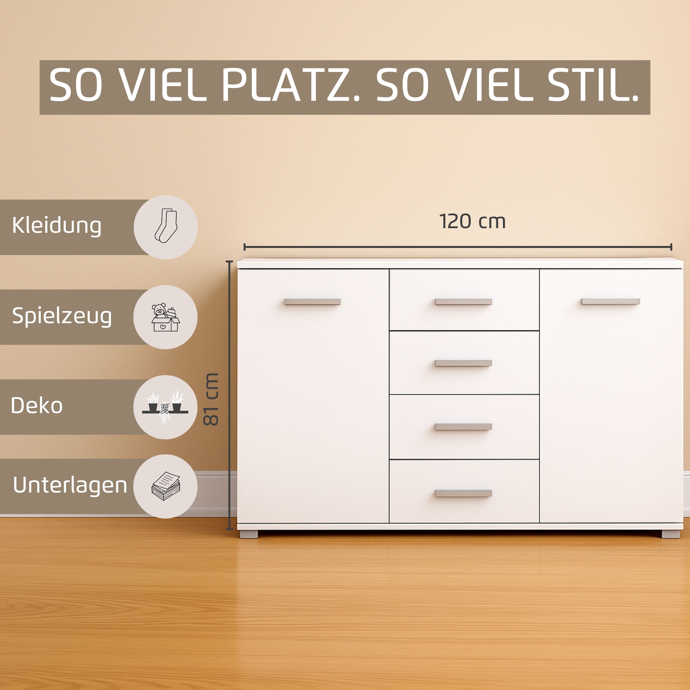 rauch Schubkastenkommode »Sideboard Kommode Kombikommode KOLUNA mit Dekorfront«, (Breite 120 cm inkl. Soft-Close-Funktion), vier große Schubladen, mit insgesamt 4 Einlegeböden MADE IN GERMANY