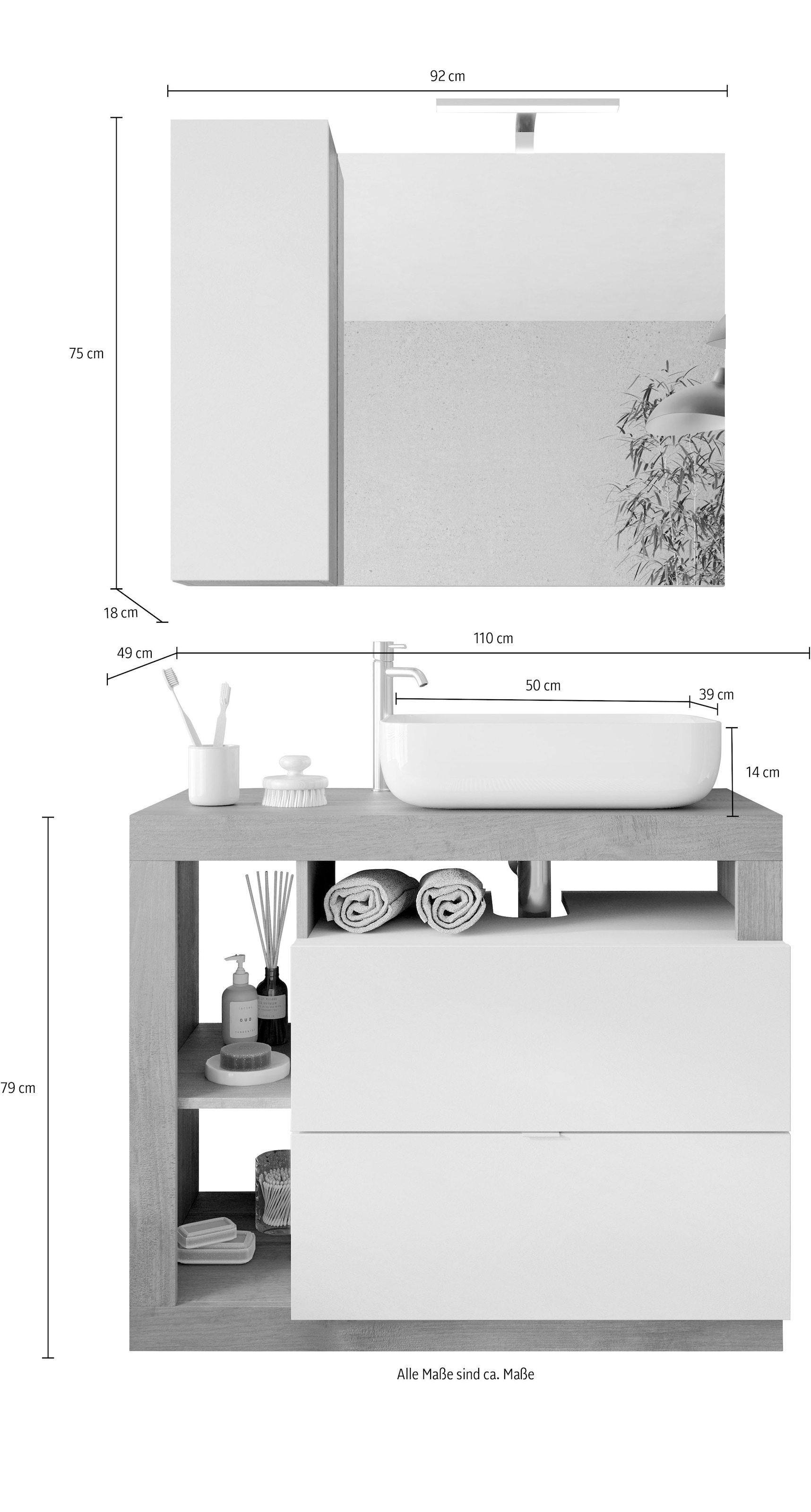 welltime Badmöbel-Set »Hamburg, Badezimmerset 2tlg. Breite 92 cm, Badmöbel, Waschtisch inkl.«, (Spar-Set, 2 St.), Waschbecken, Spiegelschrank mit LED Aufbauleuchte, Soft-Close-Funktion