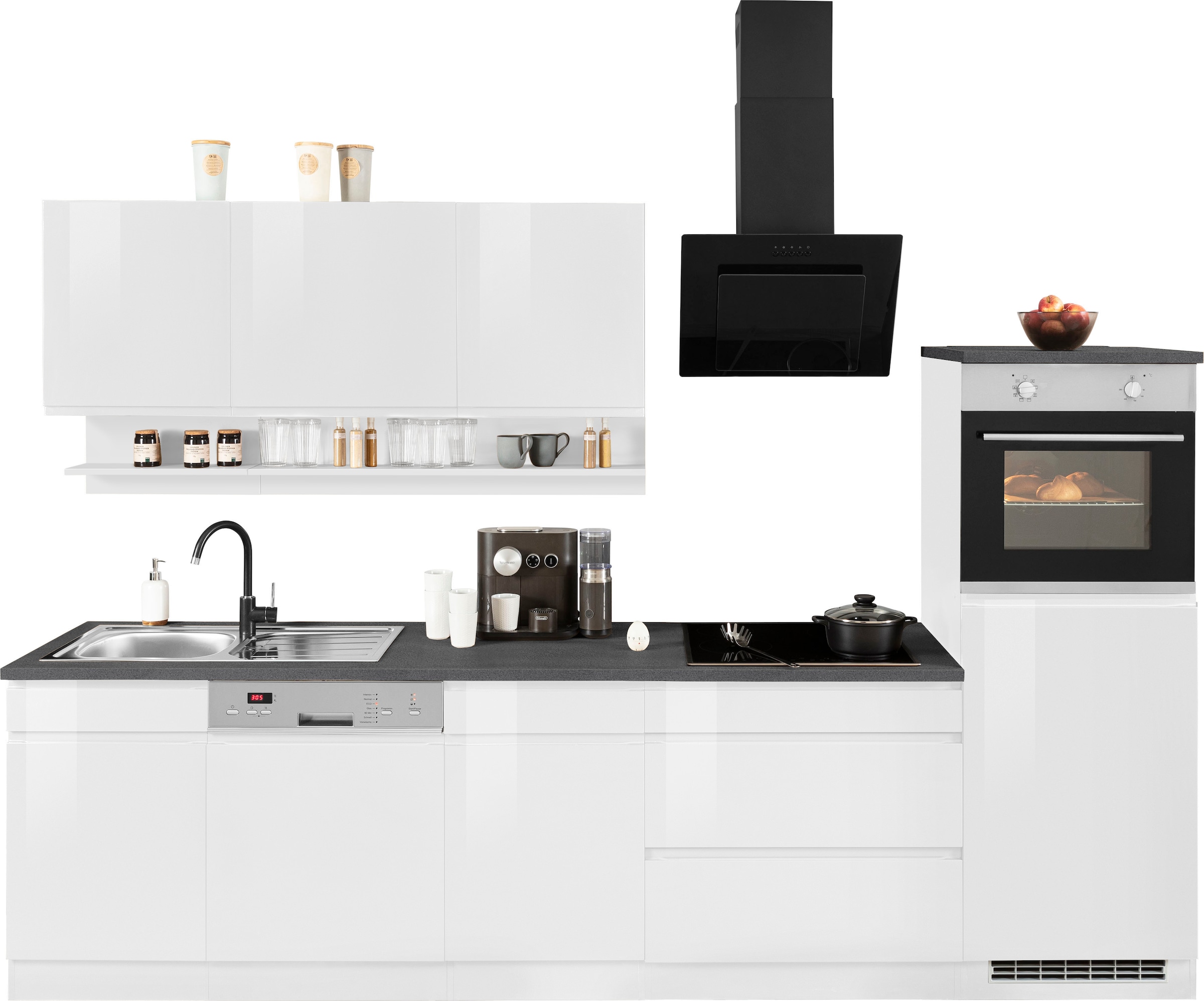 KOCHSTATION Küchenzeile "KS-Virginia,neu in verbesserter Ausführung" Arbeitsplatte 38 mm stark, Stauraum, Softclose, Breite 300 cm, Soft-Close, wahlweise mit E-Geräten