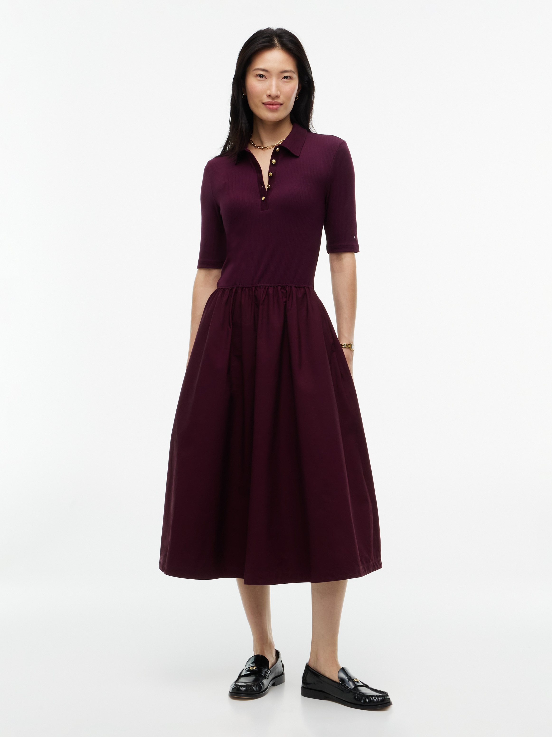 Tommy Hilfiger Midikleid "5X2 RIB F&F MIDI S/S POLO DRESS" Baumwolle, figurbetont, in gerippter Struktur