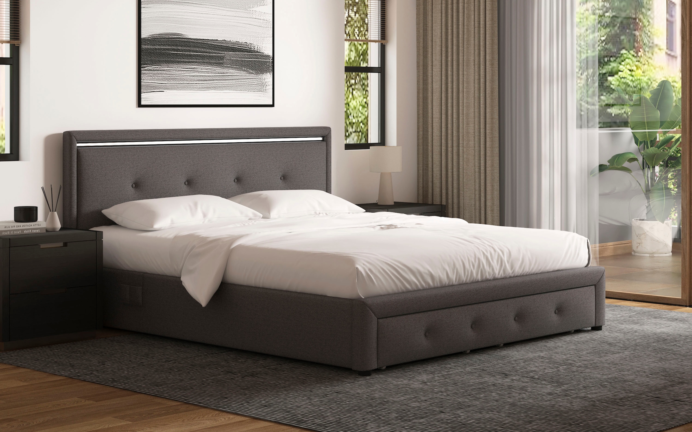 Polsterbett OTTO HOME, B:175cm L:211,5cm, grau, Betten, "RUNELLE, LED-Stauraumbett mit Lattenrost & Schubladen, Strukturstoff", Liegefläche 140x200cm