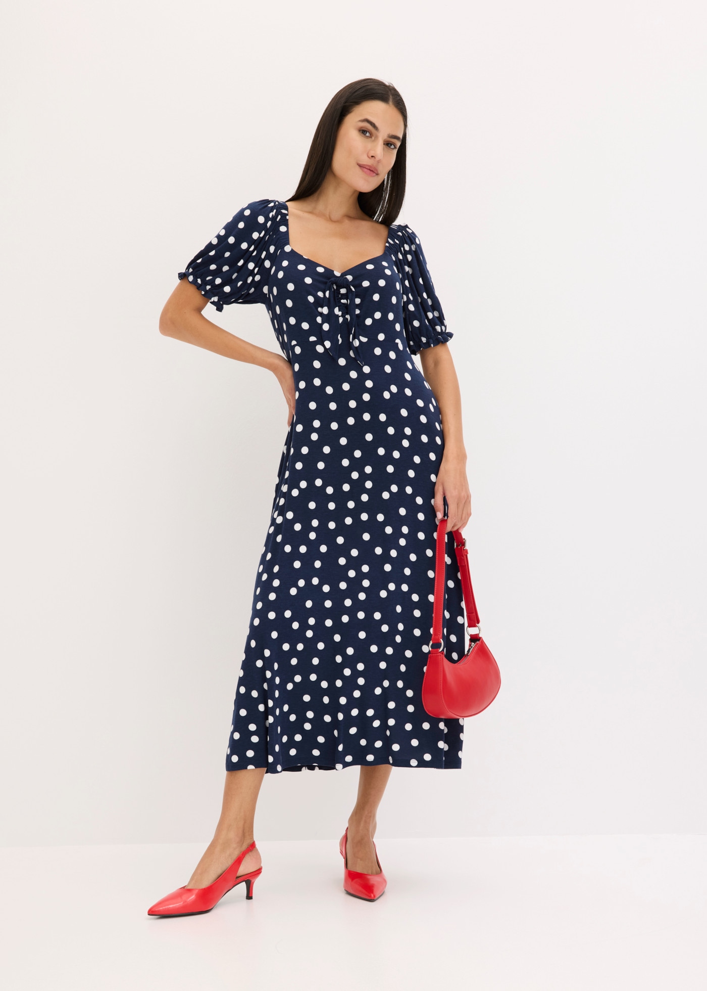 bonprix Midikleid mit Smock am Rücken, ausgestellte Passform, Kurzarm