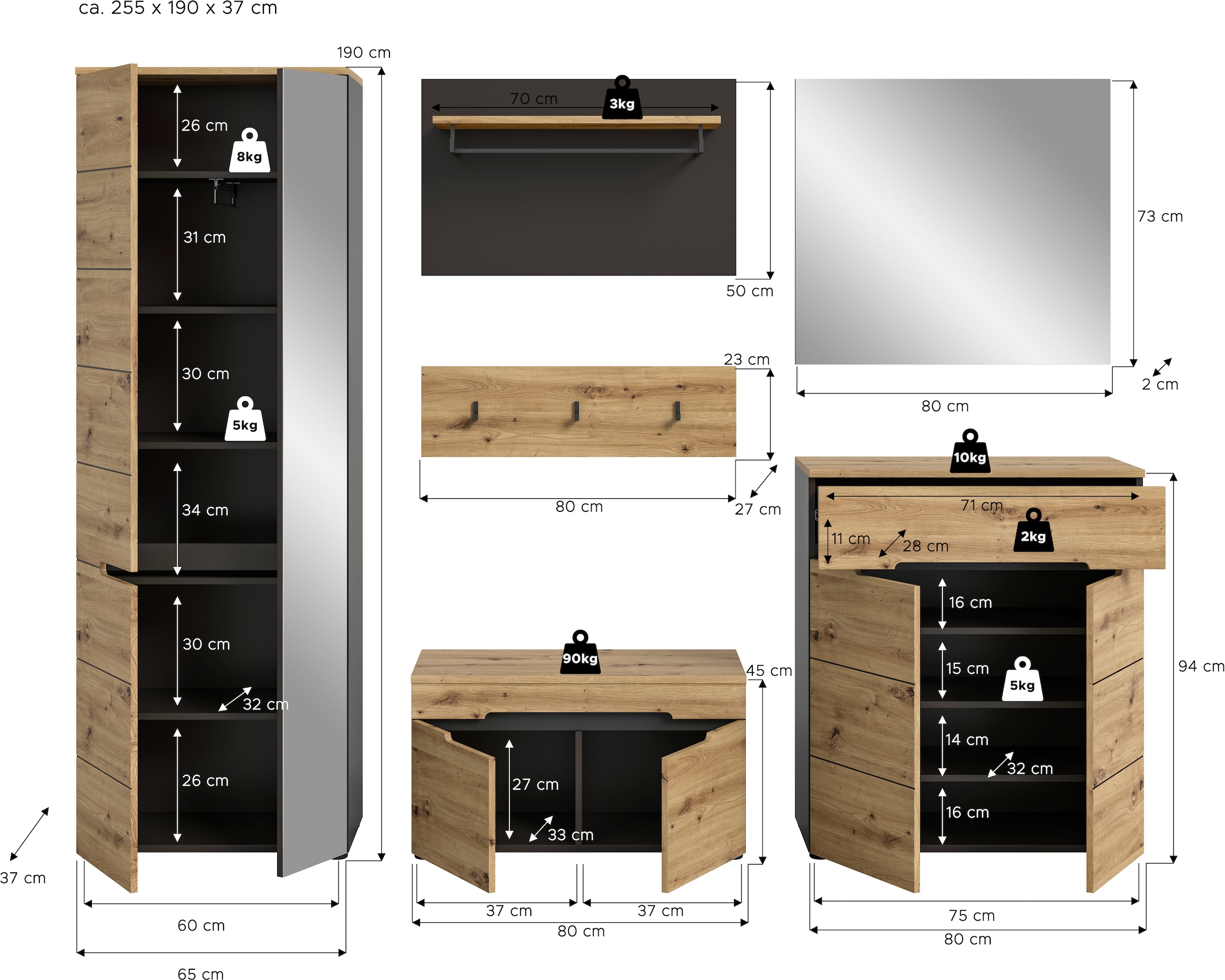 INOSIGN Garderoben-Set »Garderobenkombination Rehat, Breite 255cm,in Basalt grau/Artisan Eiche«, (6 St.), Flurmöbel, Dielenmöbel, Kombination, Diele, Garderobe, Garderobenmöbel
