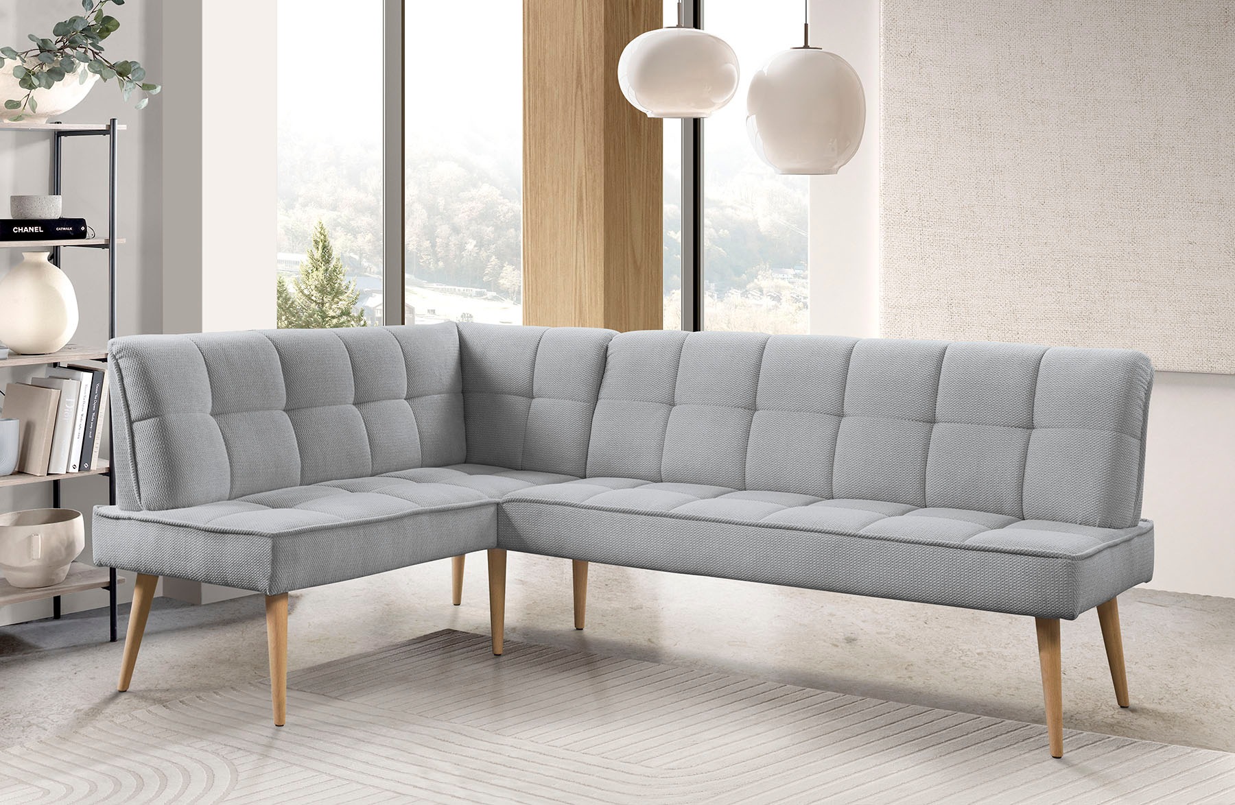 Eckbank EXXPO - SOFA FASHION "Latte", silber, B:234cm H:95cm T:156cm, 94% PES, 6% NY, Sitzbänke, Eckbank, moderne Sitz- und Rückensteppung, bequem und elegant, hoher Holzfuß