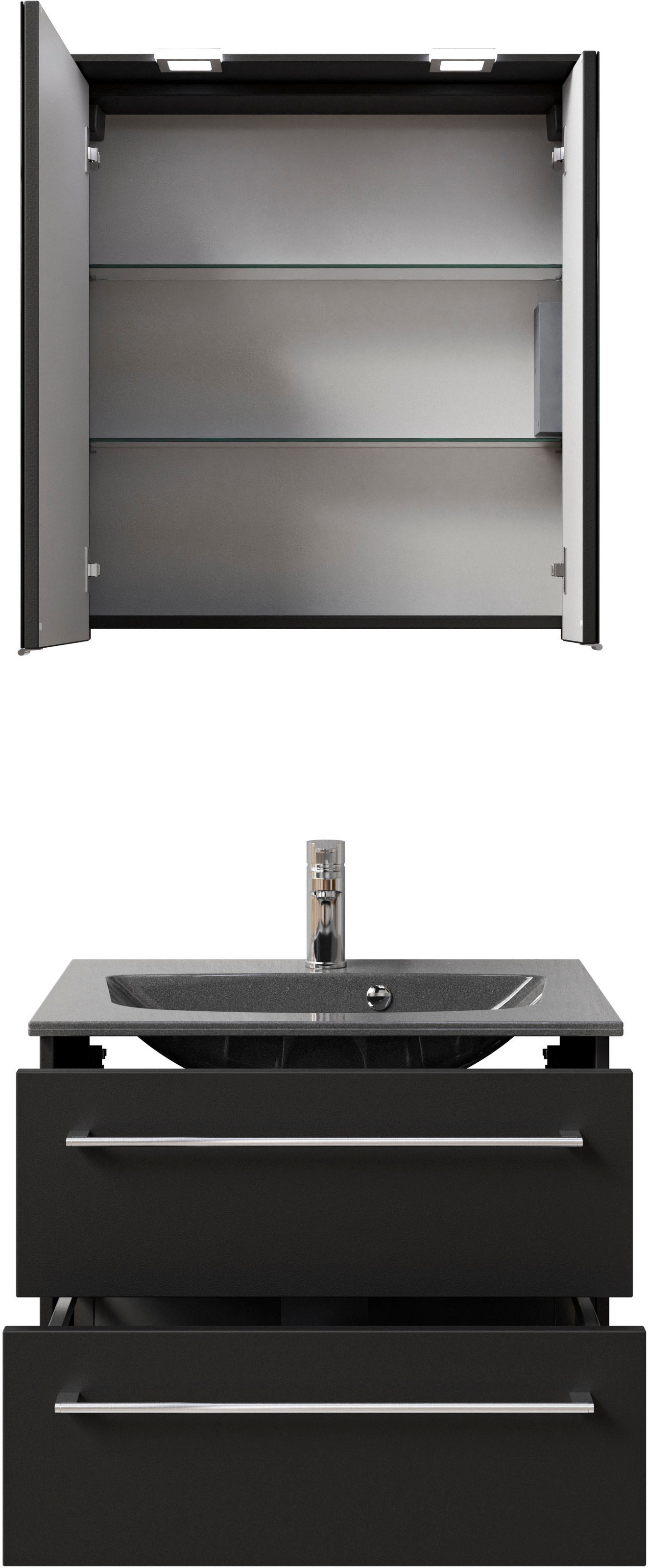 Saphir Badmöbel-Set »Serie 6025 2-teilig Mineralmarmor-Waschtisch mit LED-Spiegelschrank«, (2 St.), Waschplatz 67 cm breit, 2 Schubladen, 2 Spiegel-Türen, inkl Türdämpfer