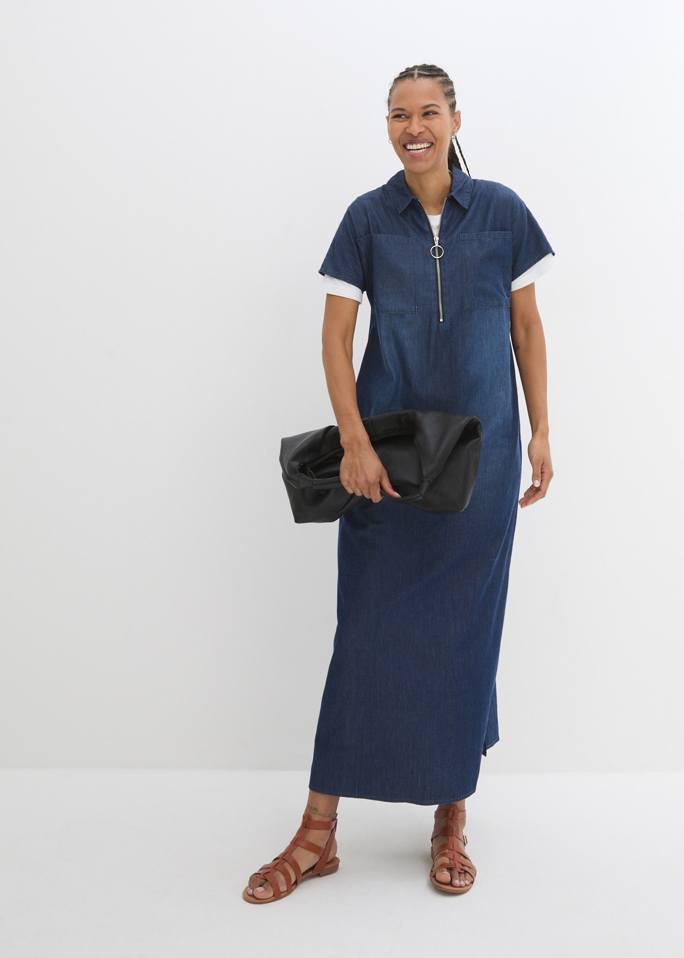 bonprix Jeanskleid für warme Tage, mit kurzem Arm, aus Baumwolle, mit Hemdblusenkragen