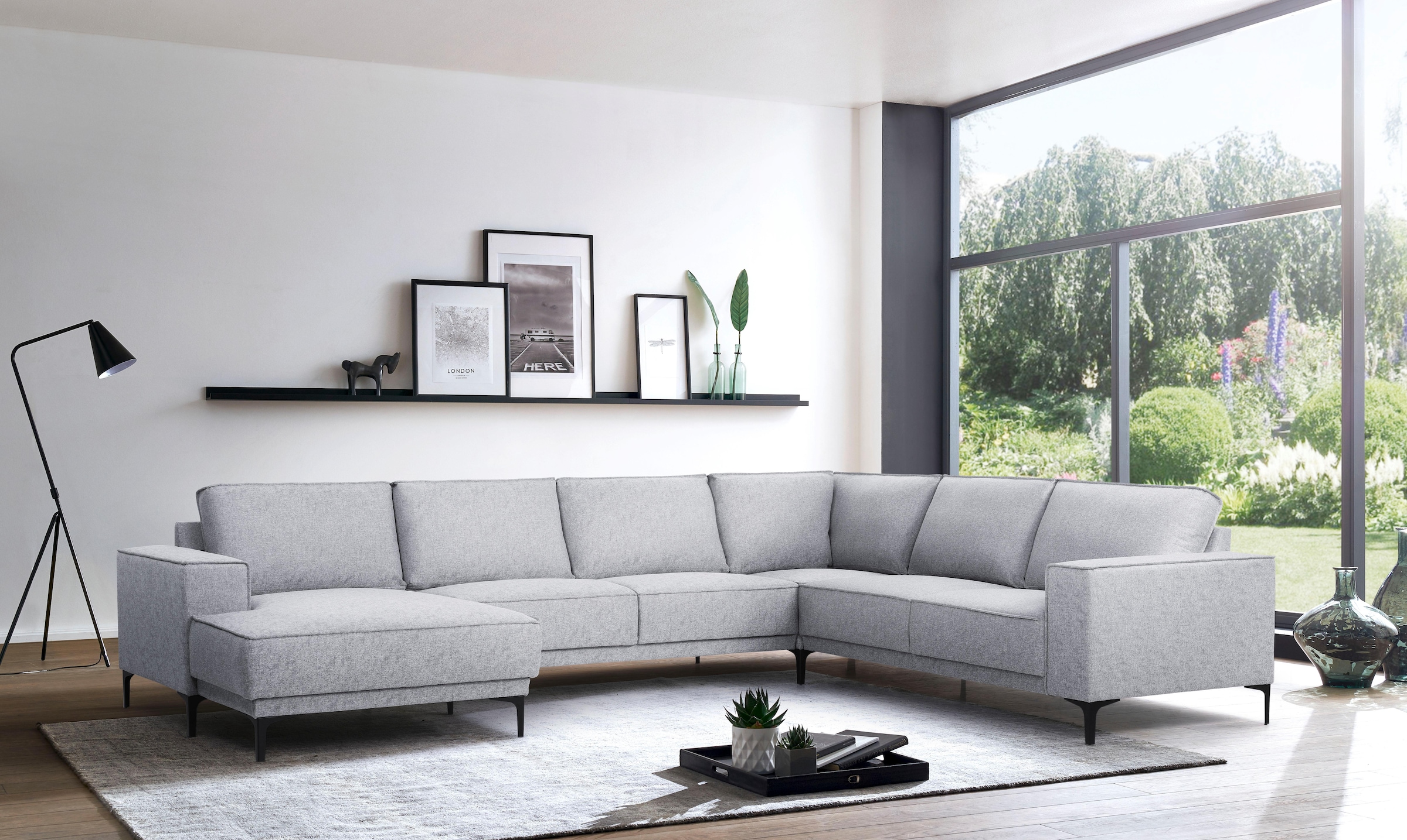 Places of Style Wohnlandschaft »XXL Sofa Oland, Struktur, Flachgewebe, Luxus-Microfaser, Boucle«, U-Form, 342 cm, Wellenunterfederung, Skandi-Design, Metallfüße