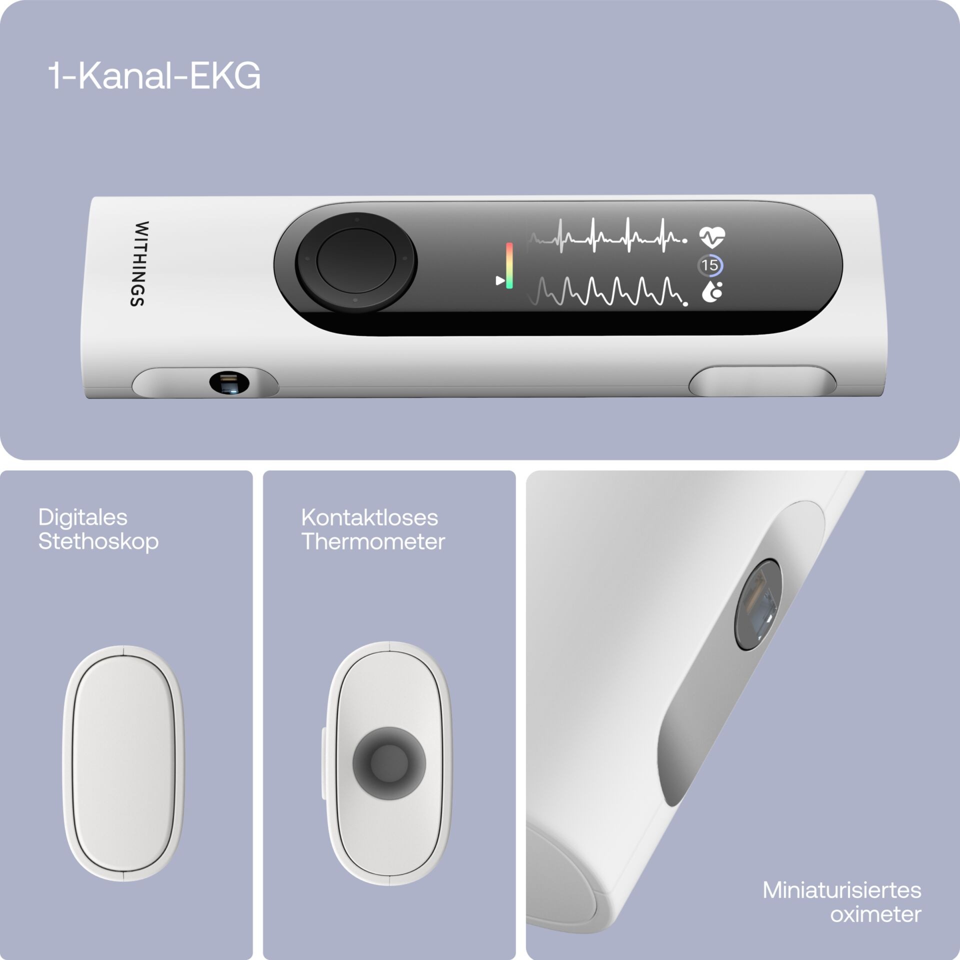 Thumbnail - Withings Fieberthermometer ""BeamO 4-in-1" Gesundheits-MultiScan mit EKG-Aufzeichnung" Herz- & Lungenauskultation, Sauer...