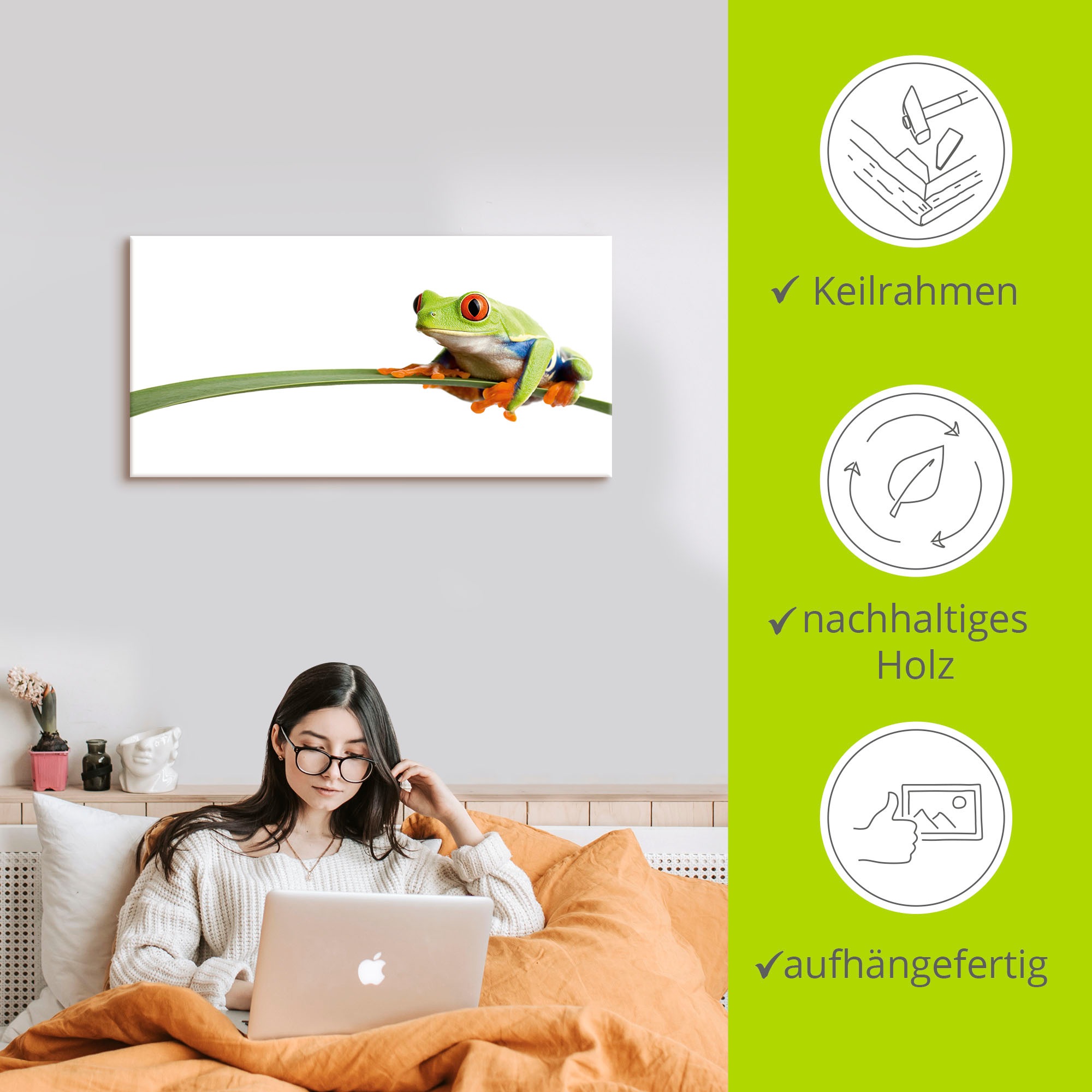 Artland Wandbild »Frosch auf einem Blatt«, Wassertiere, (1 St.), als Alubild, Outdoorbild, Leinwandbild, Poster, Wandaufkleber