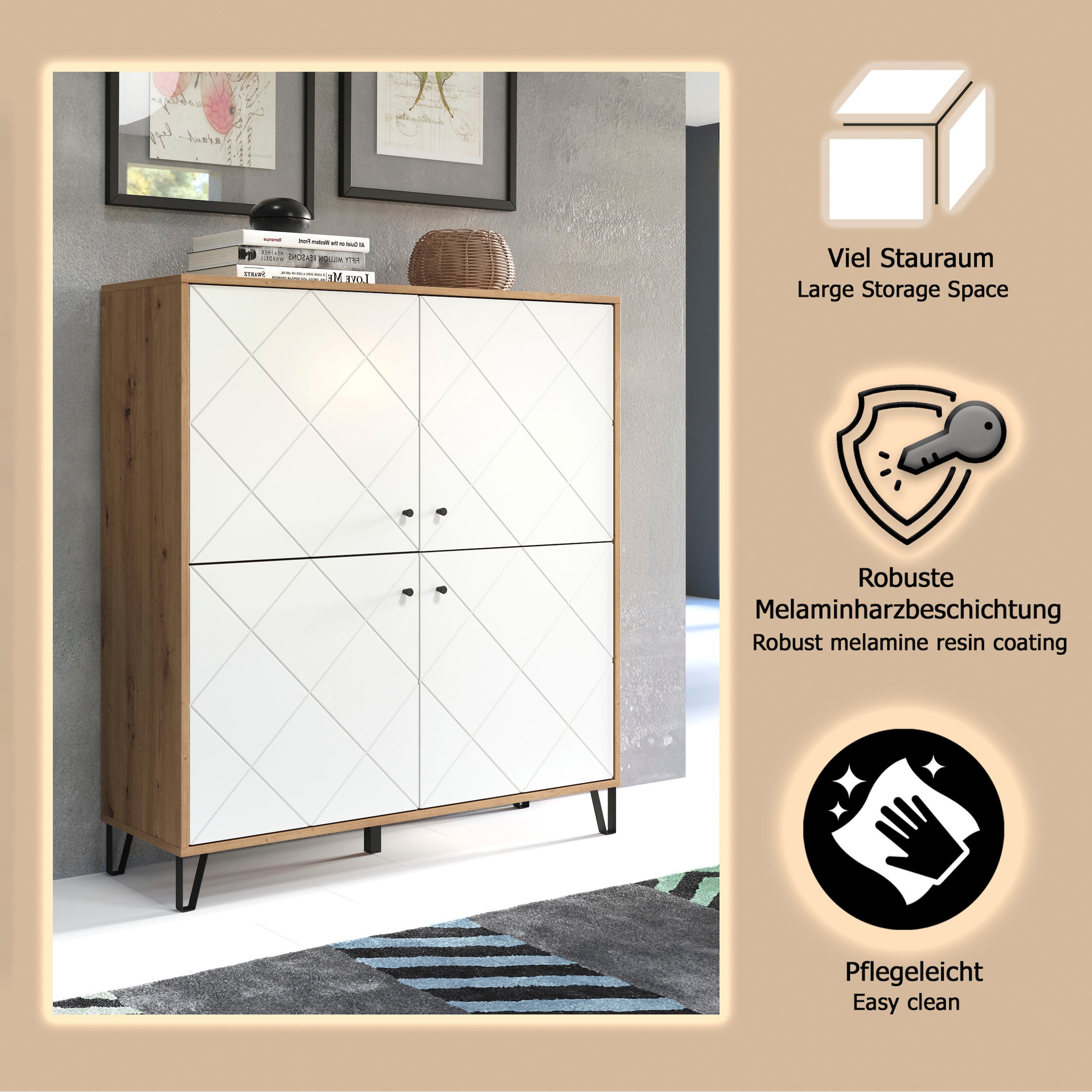 Places of Style Highboard »Tarragona«, Highboard mit 4 Türen & Soft-Close - (B/T/H) 123/40/136 cm